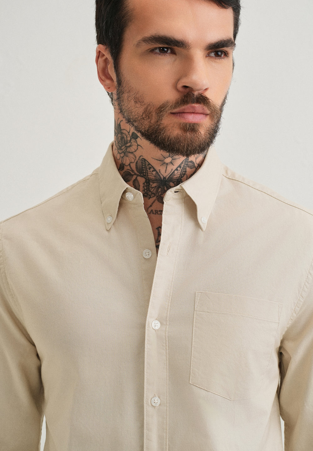 Beige Plain Cotton Oxford Shirt