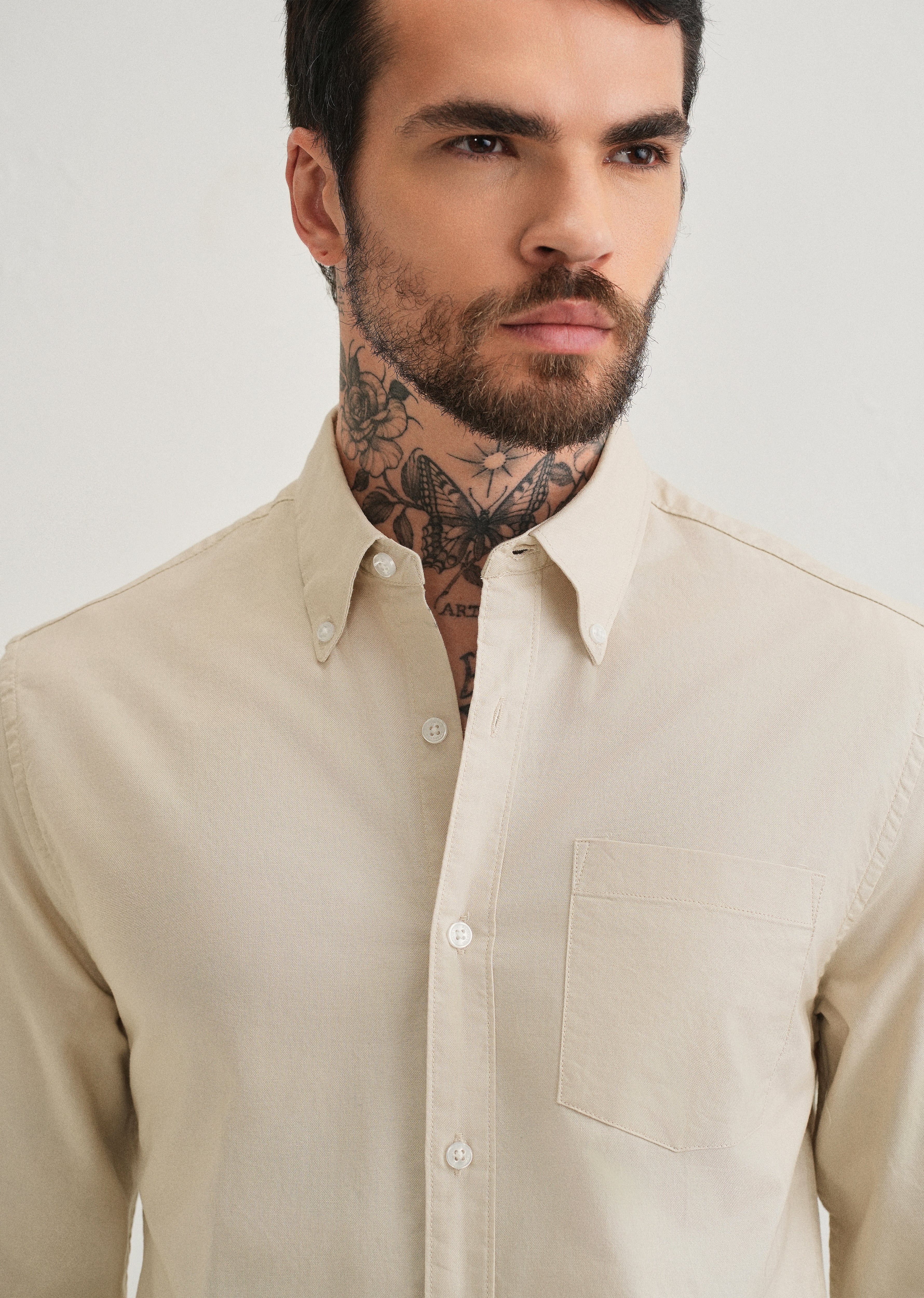 Beige Plain Cotton Oxford Shirt