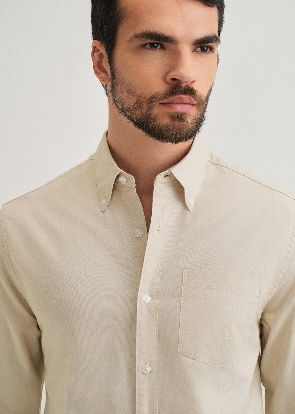 Beige Plain Cotton Oxford Shirt