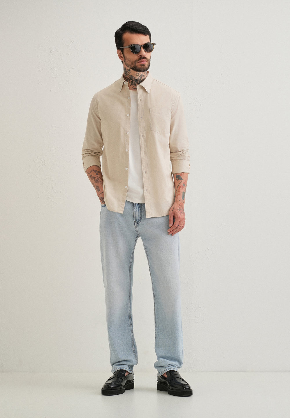 Beige Plain Cotton Oxford Shirt