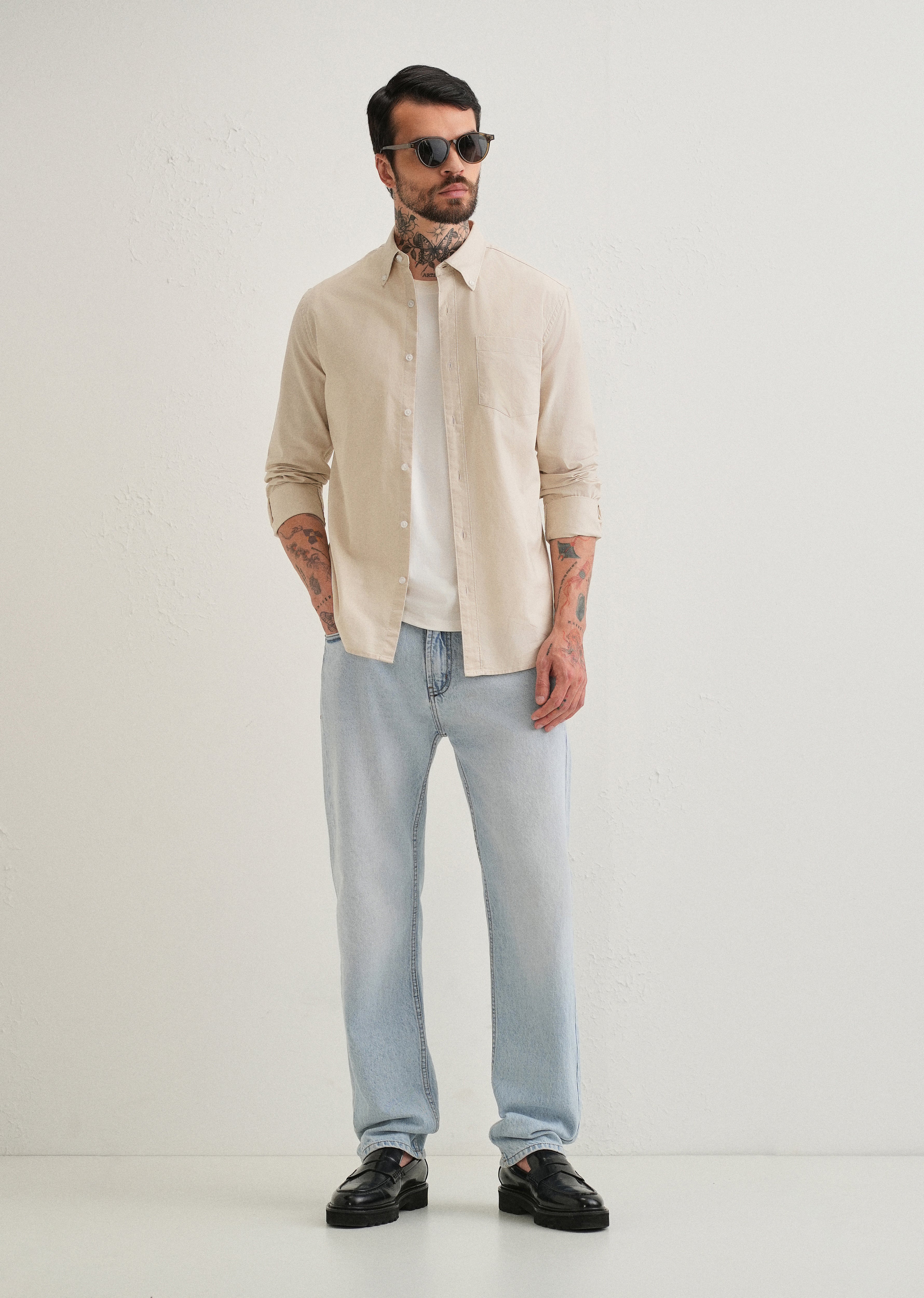 Beige Plain Cotton Oxford Shirt