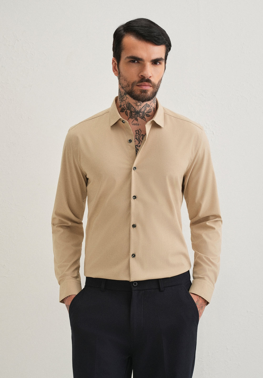 Beige Plain Wrinkle Free Shirt