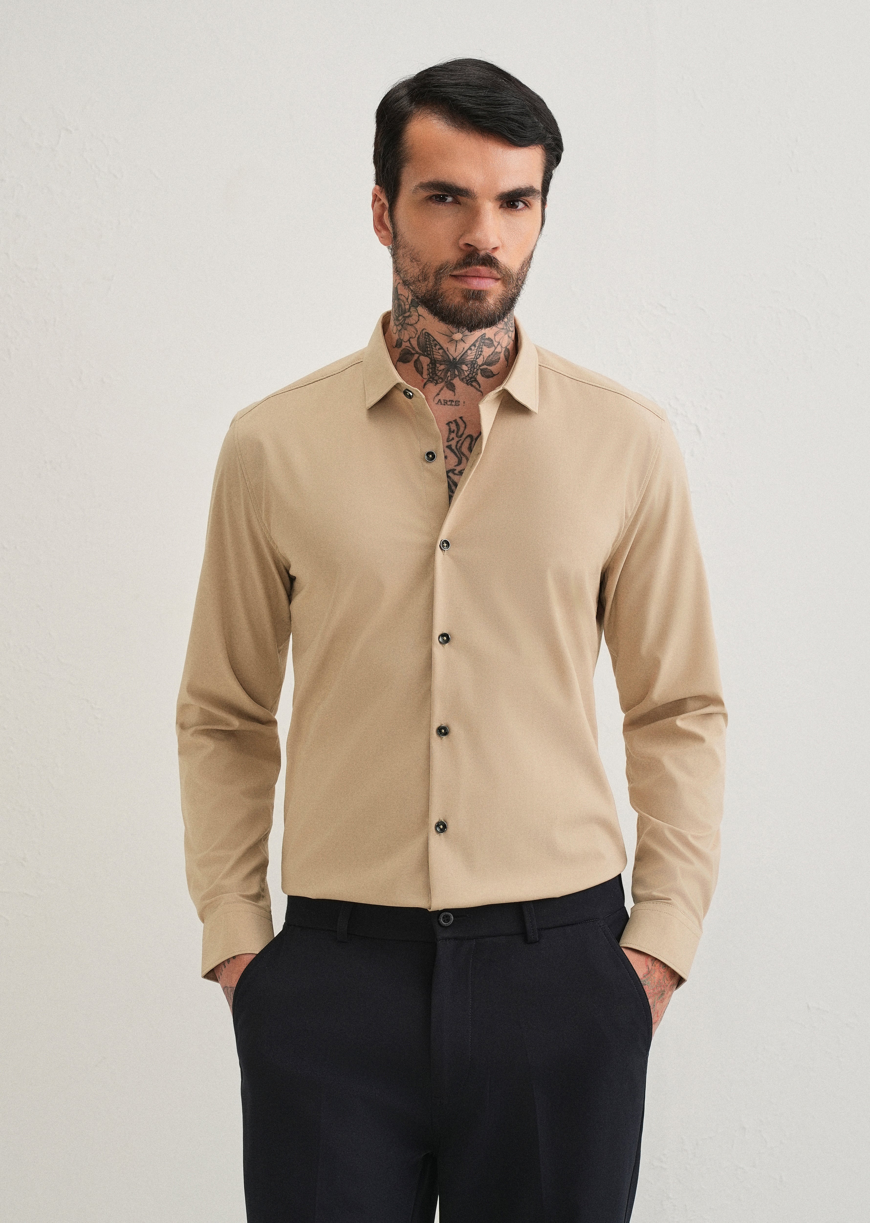 Beige Plain Wrinkle Free Shirt