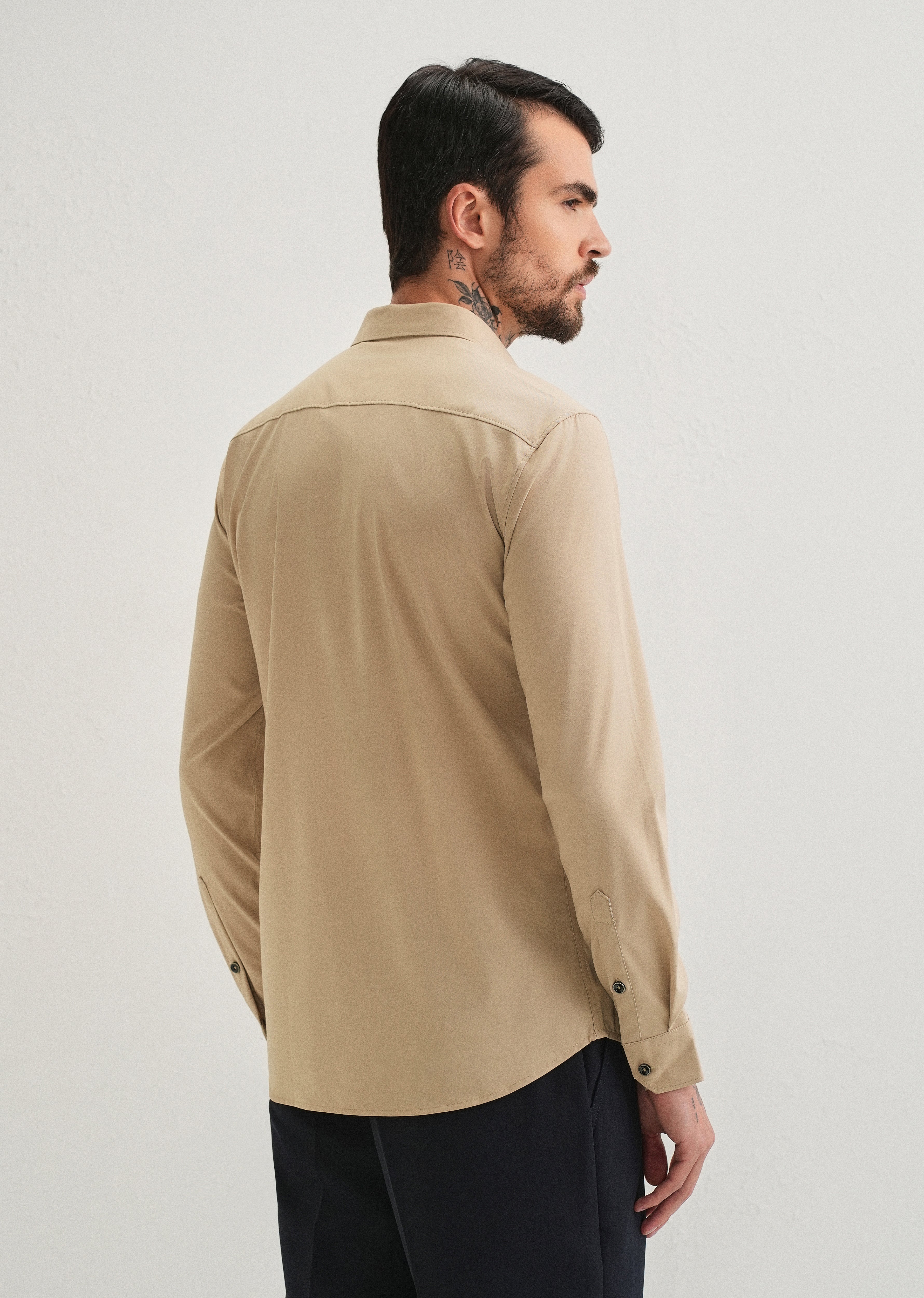Beige Plain Wrinkle Free Shirt