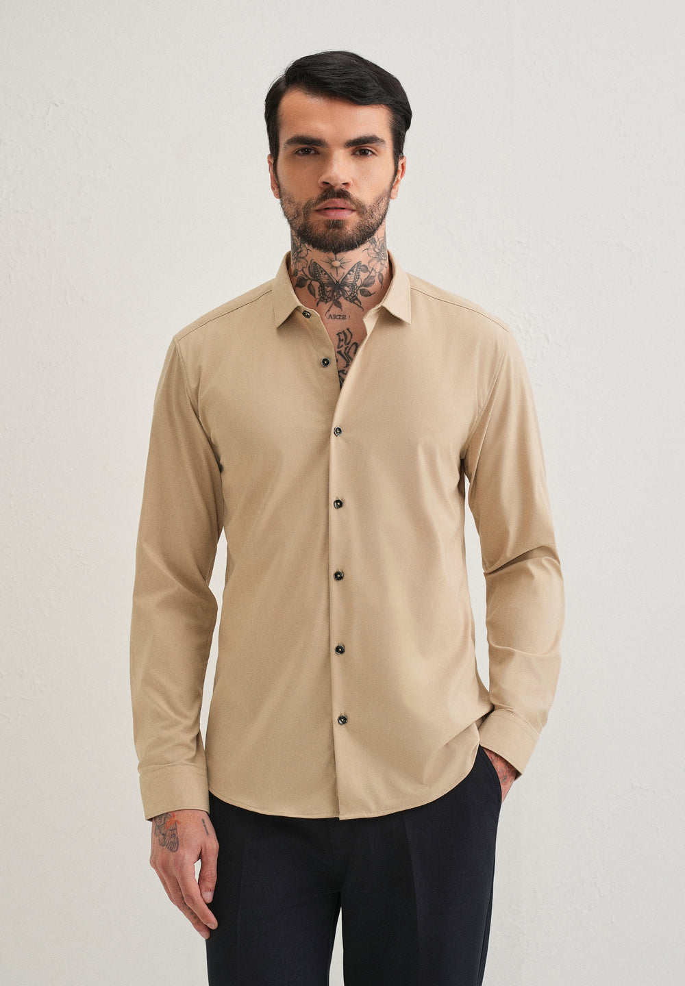 Beige Plain Wrinkle Free Shirt