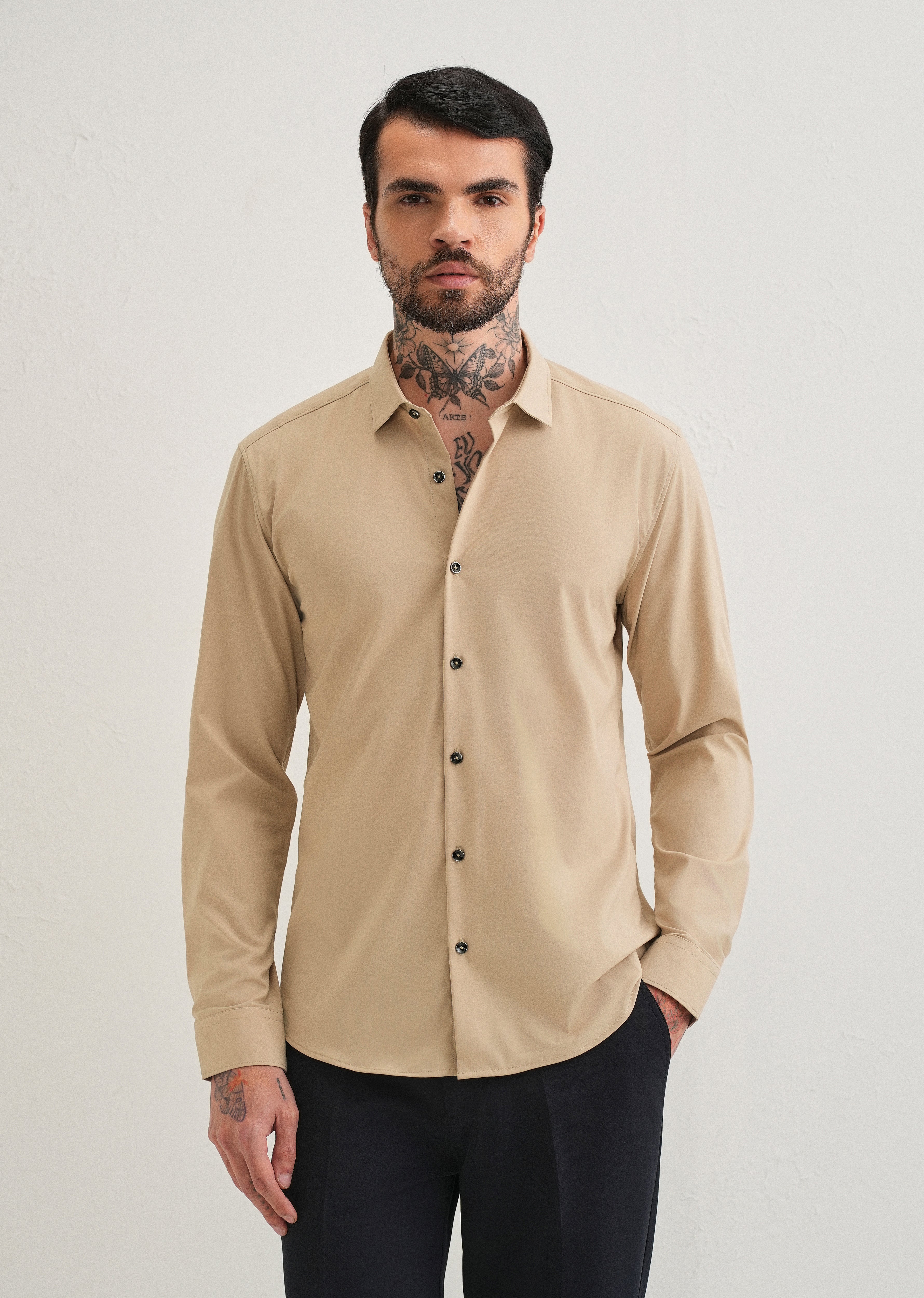 Beige Plain Wrinkle Free Shirt