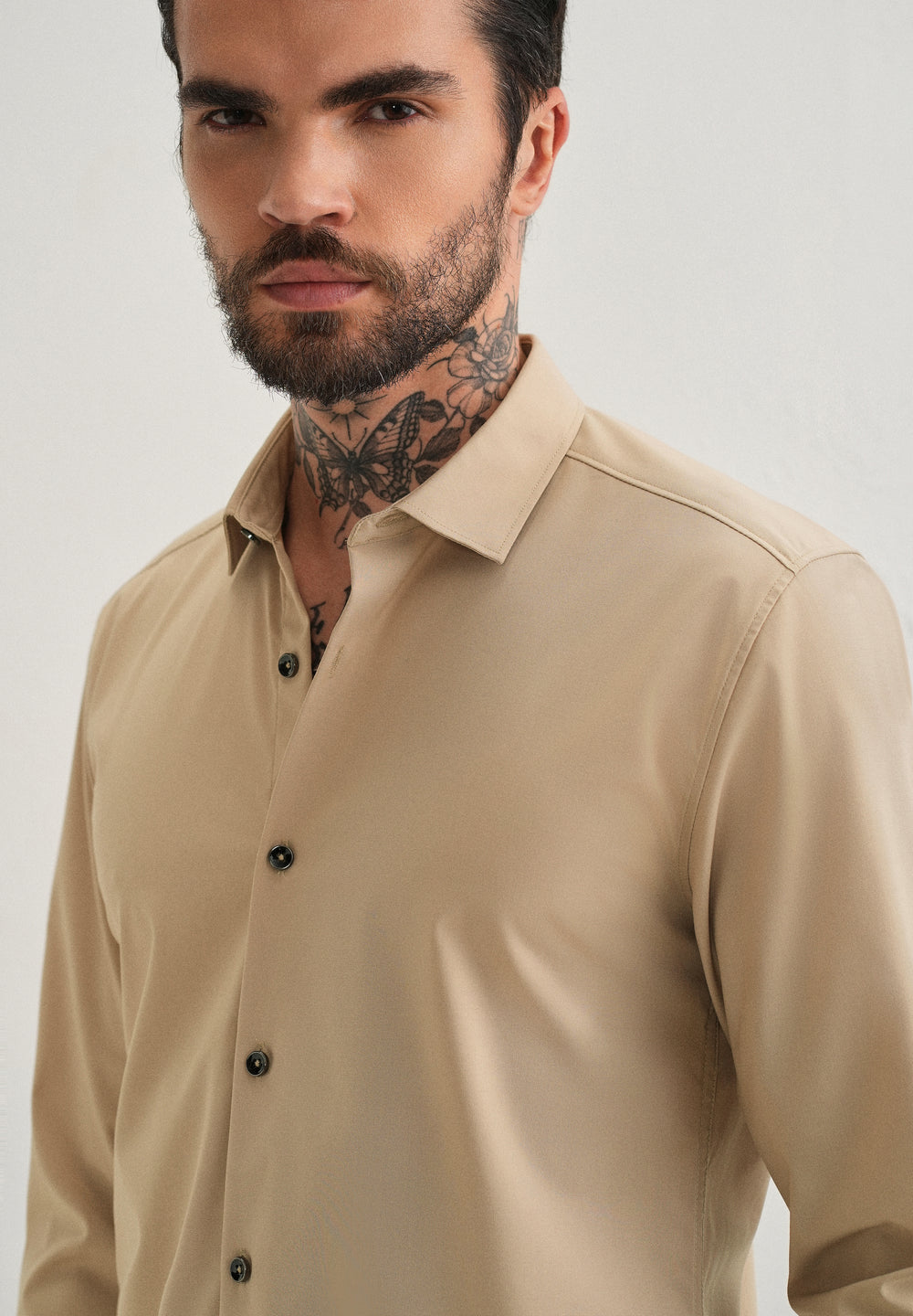 Beige Plain Wrinkle Free Shirt