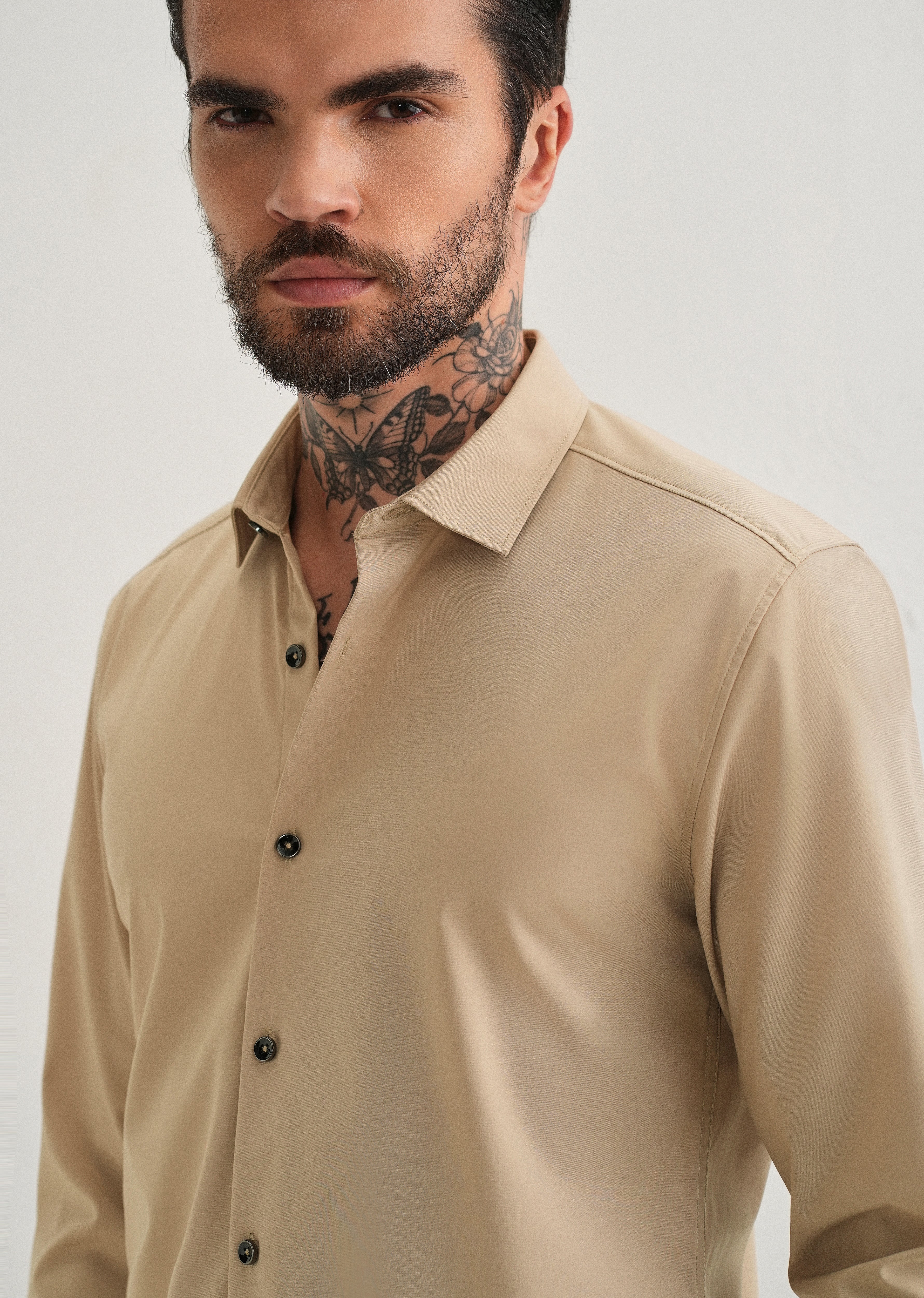 Beige Plain Wrinkle Free Shirt