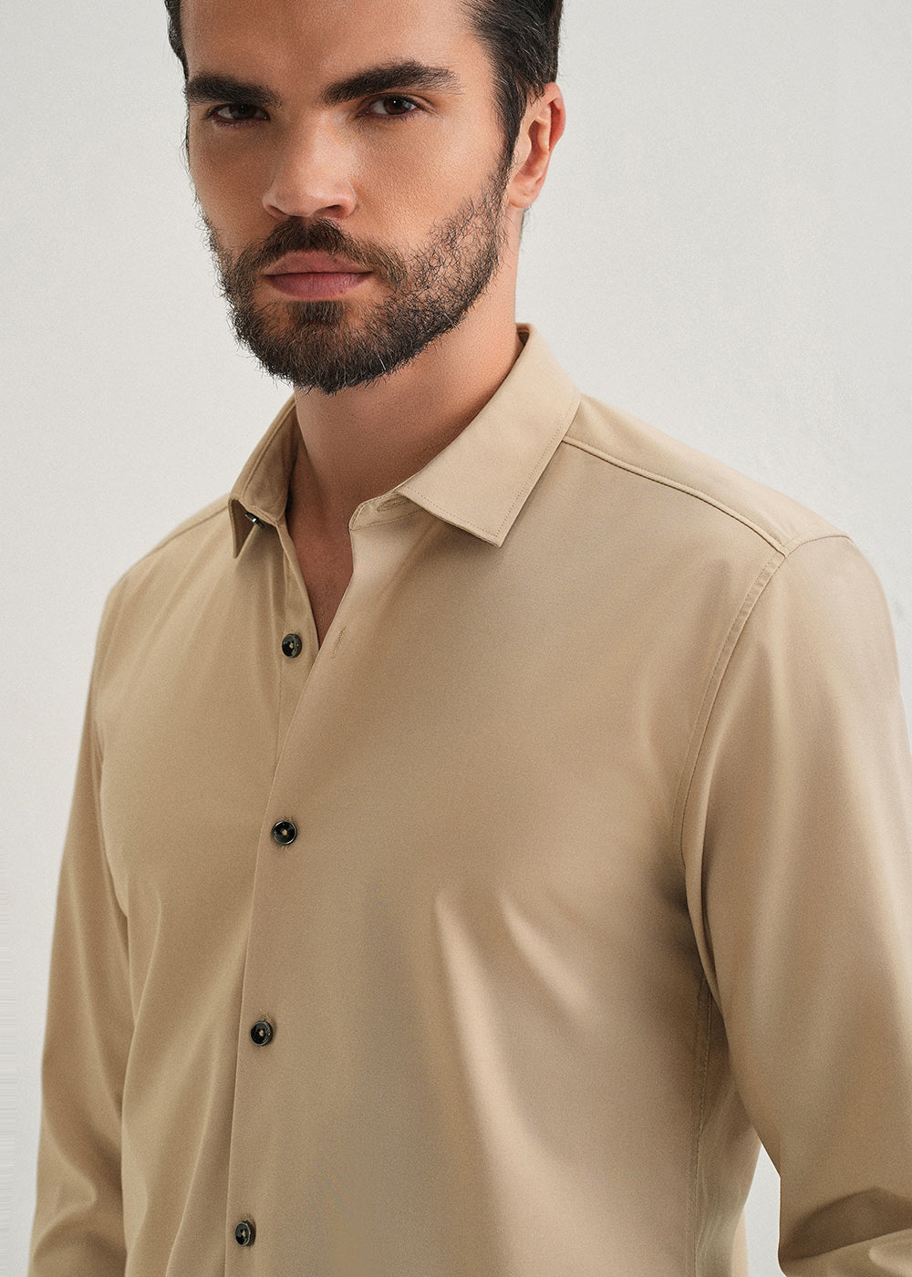 Beige Plain Wrinkle Free Shirt