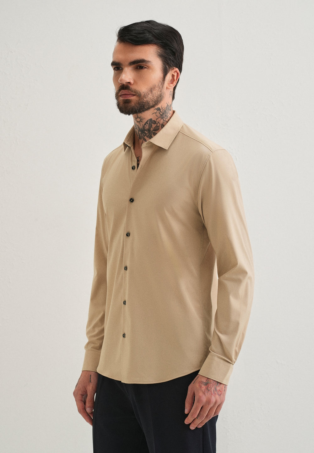 Beige Plain Wrinkle Free Shirt