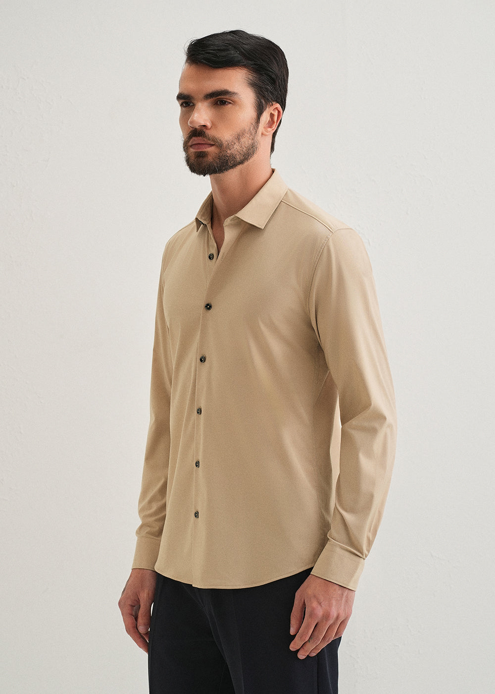 Beige Plain Wrinkle Free Shirt