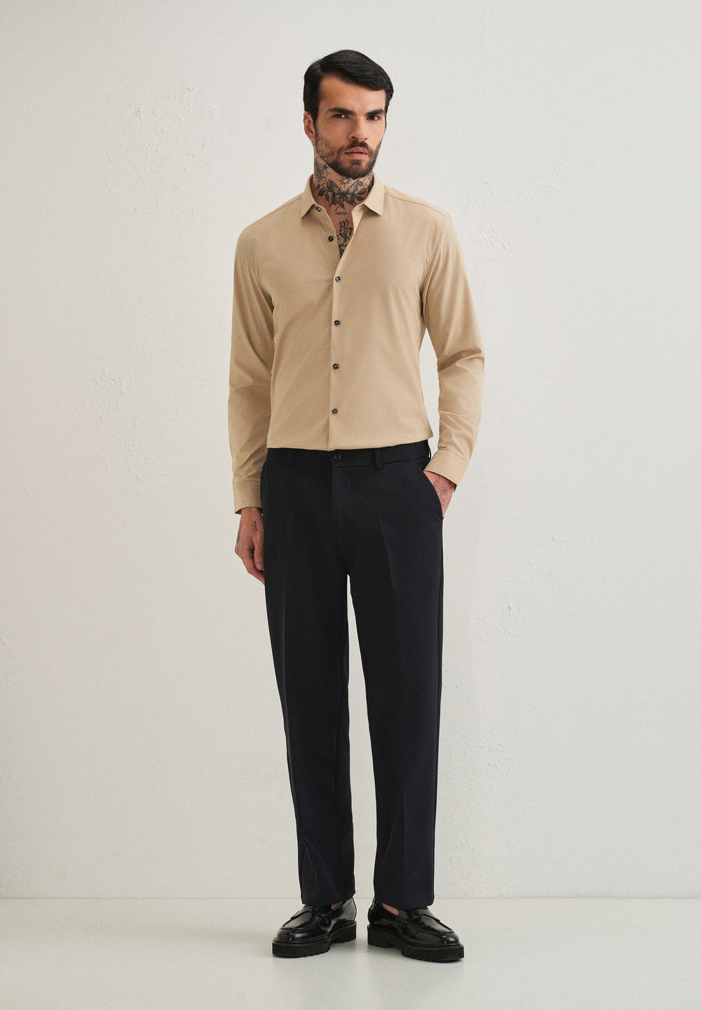 Beige Plain Wrinkle Free Shirt