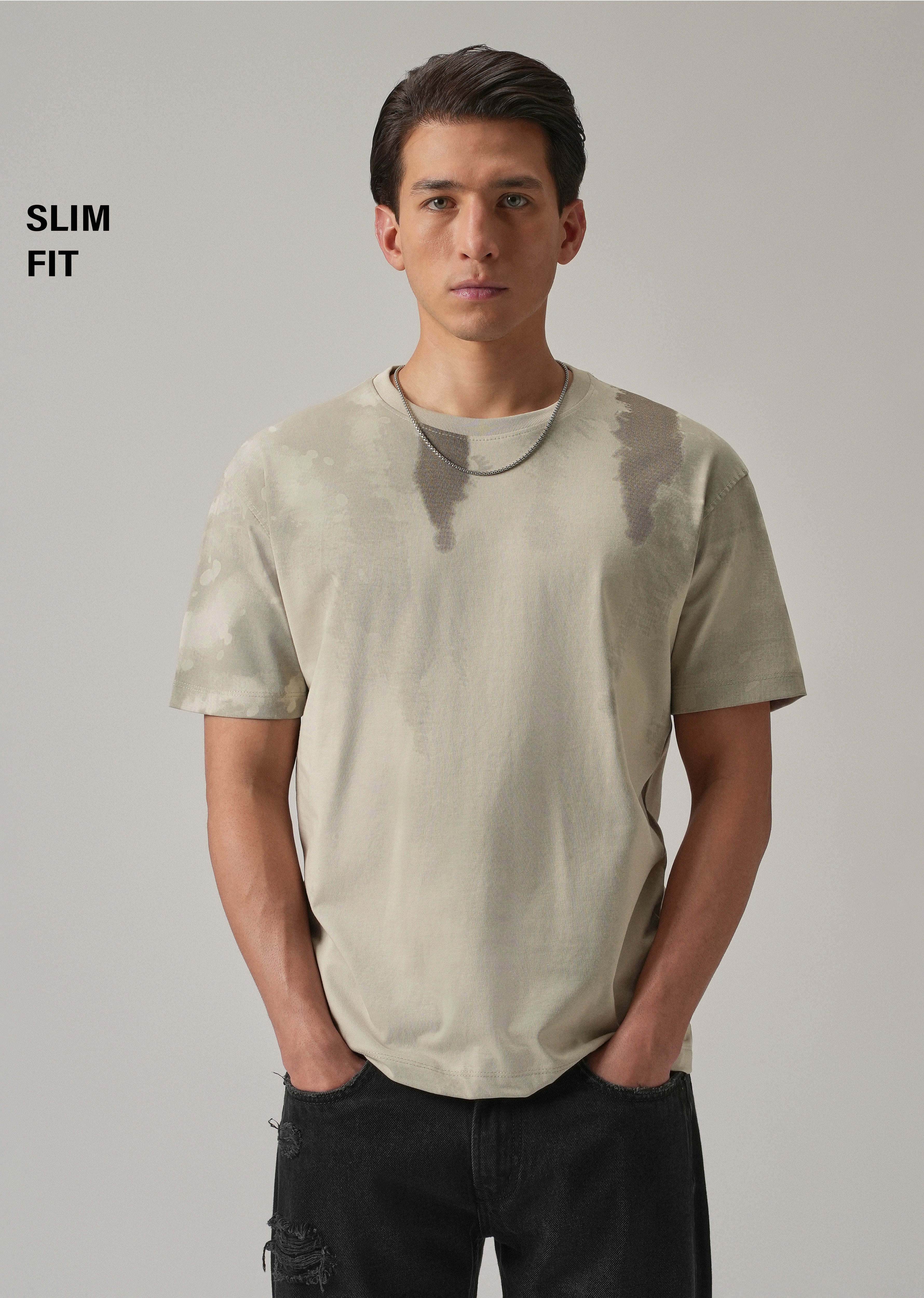Beige Printed Slim Fit T-Shirt