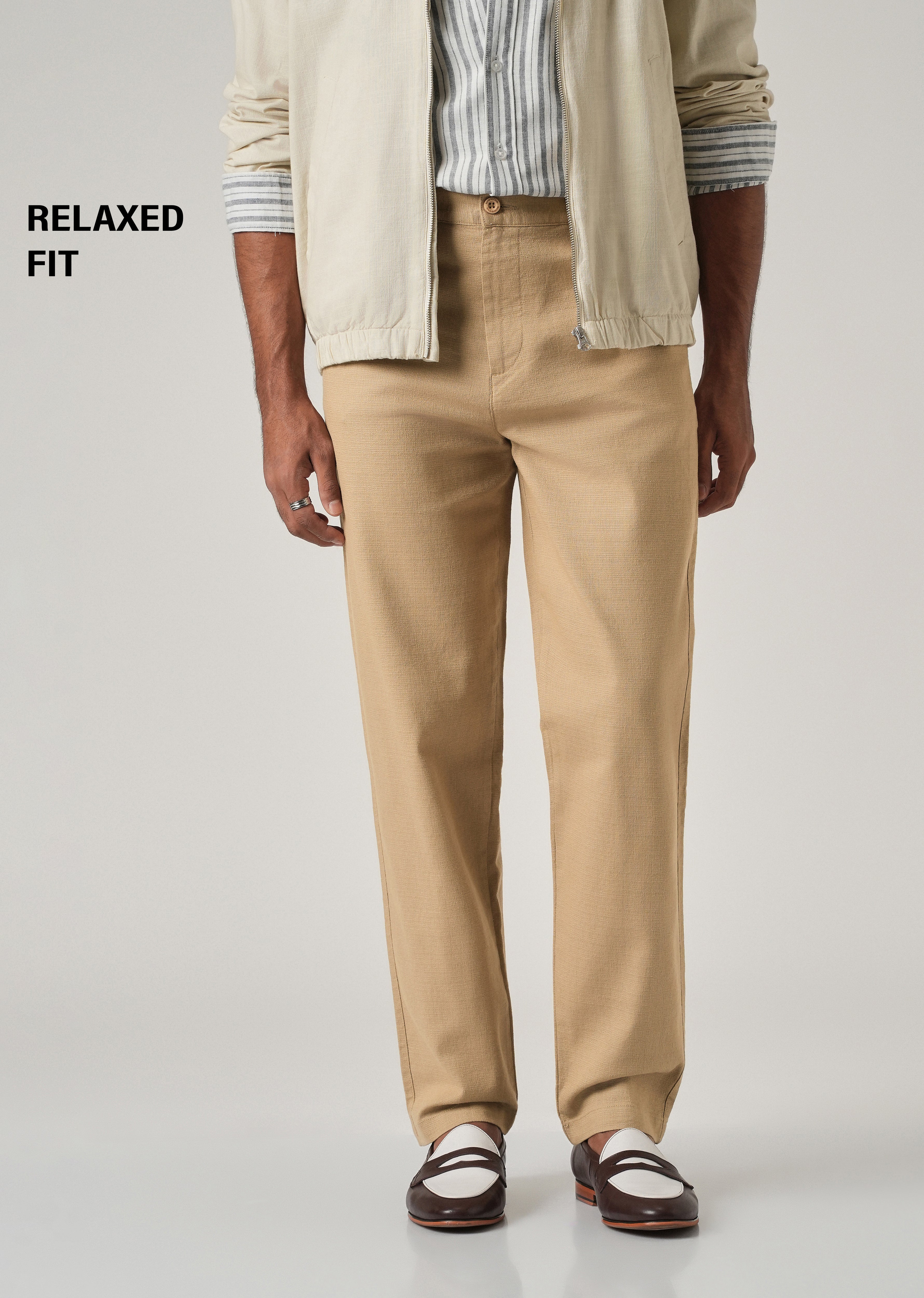 Beige Linen-Look Cotton Trousers