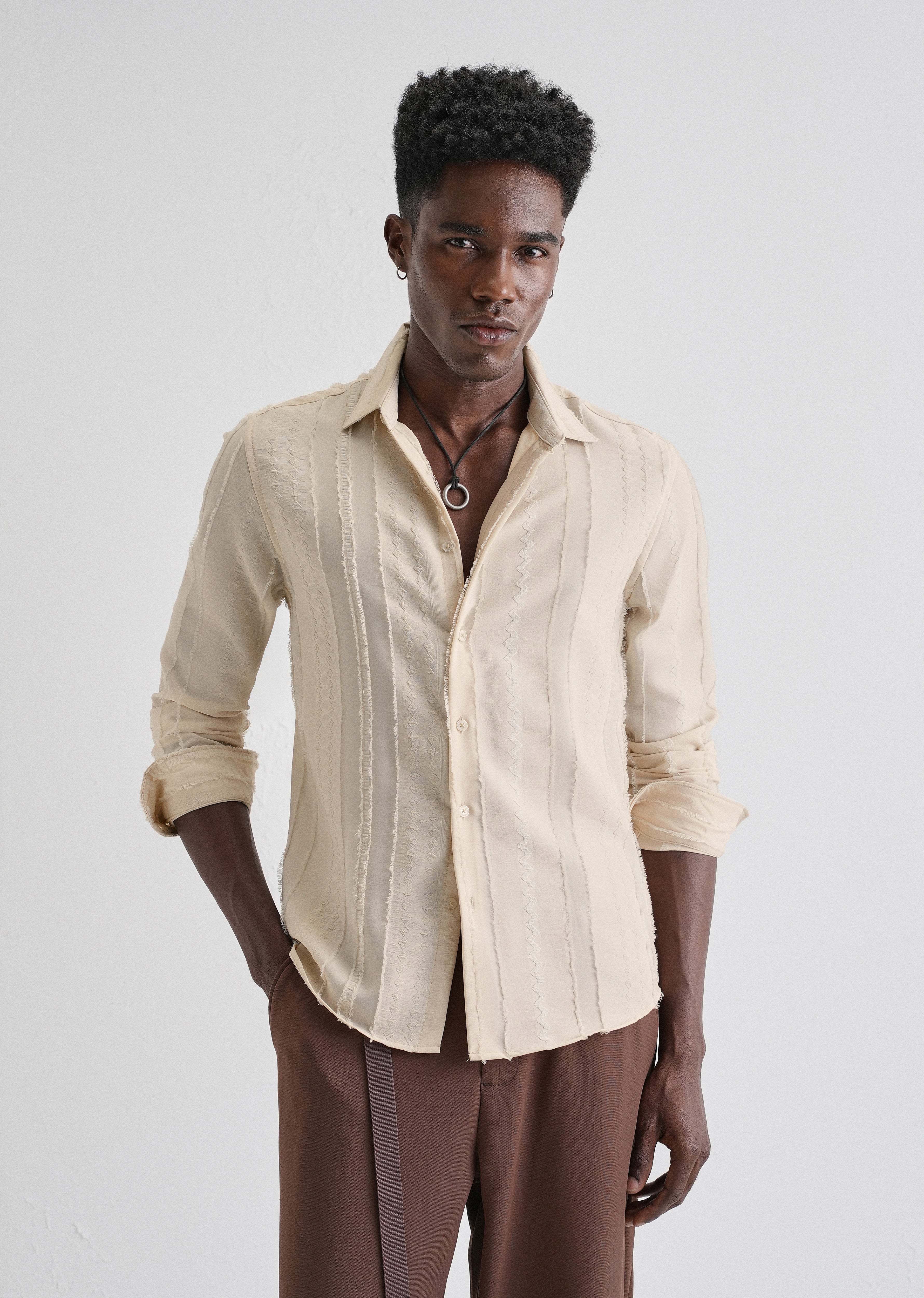 Beige Vertical Chevron Striped Shirt