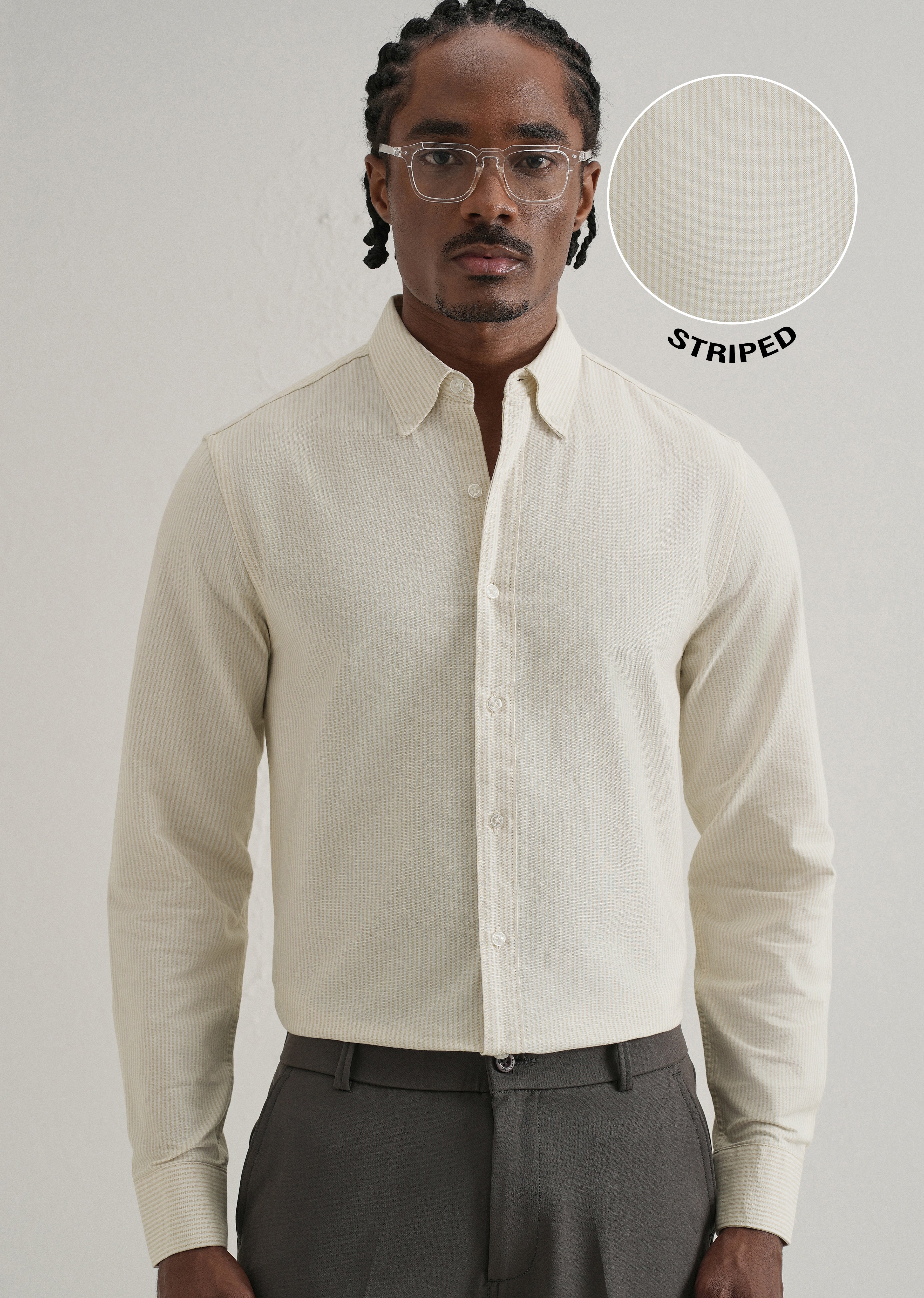 Beige Vertical Striped Cotton Shirt