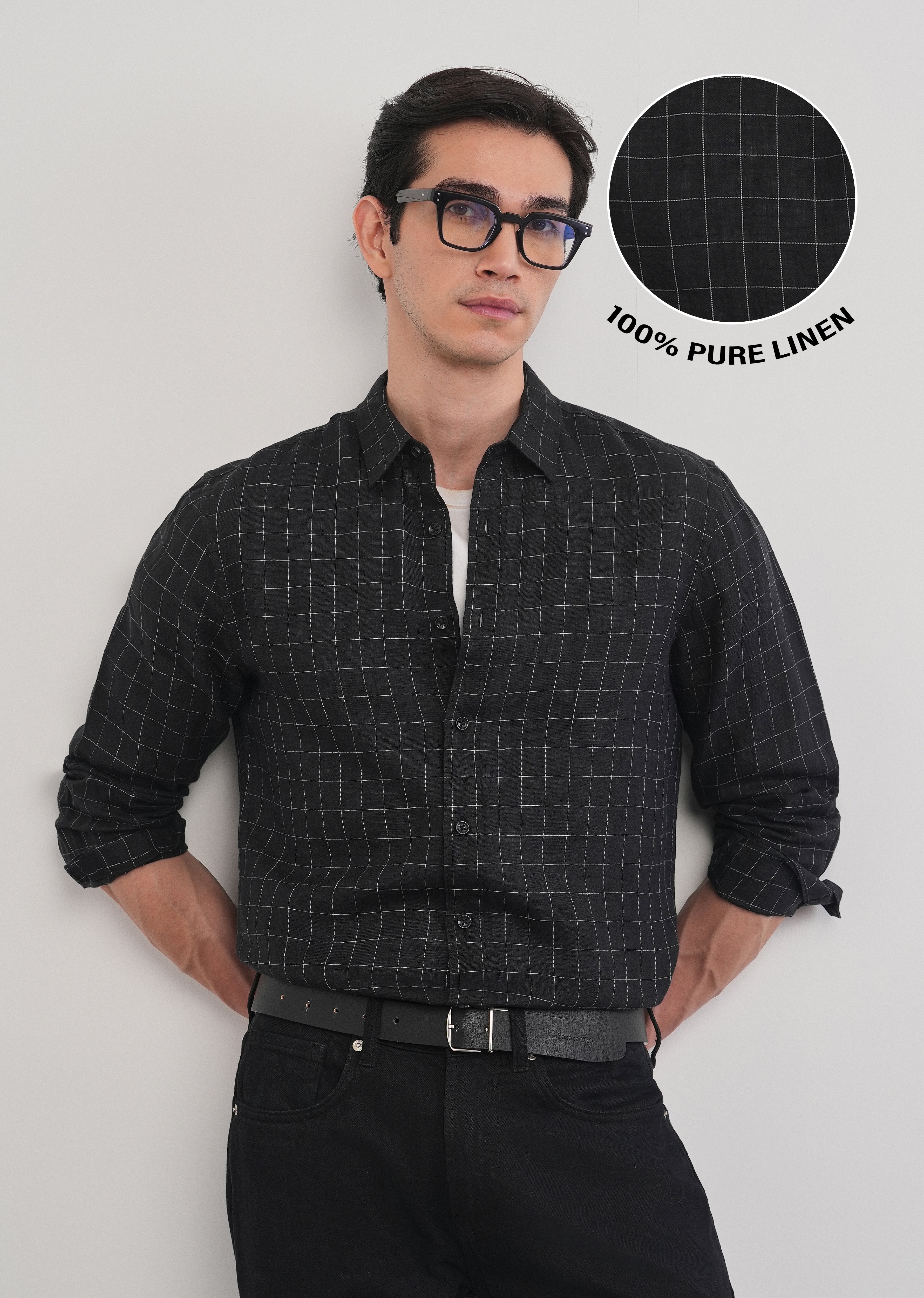 Black 100% Pure Linen Classic Check Shirt