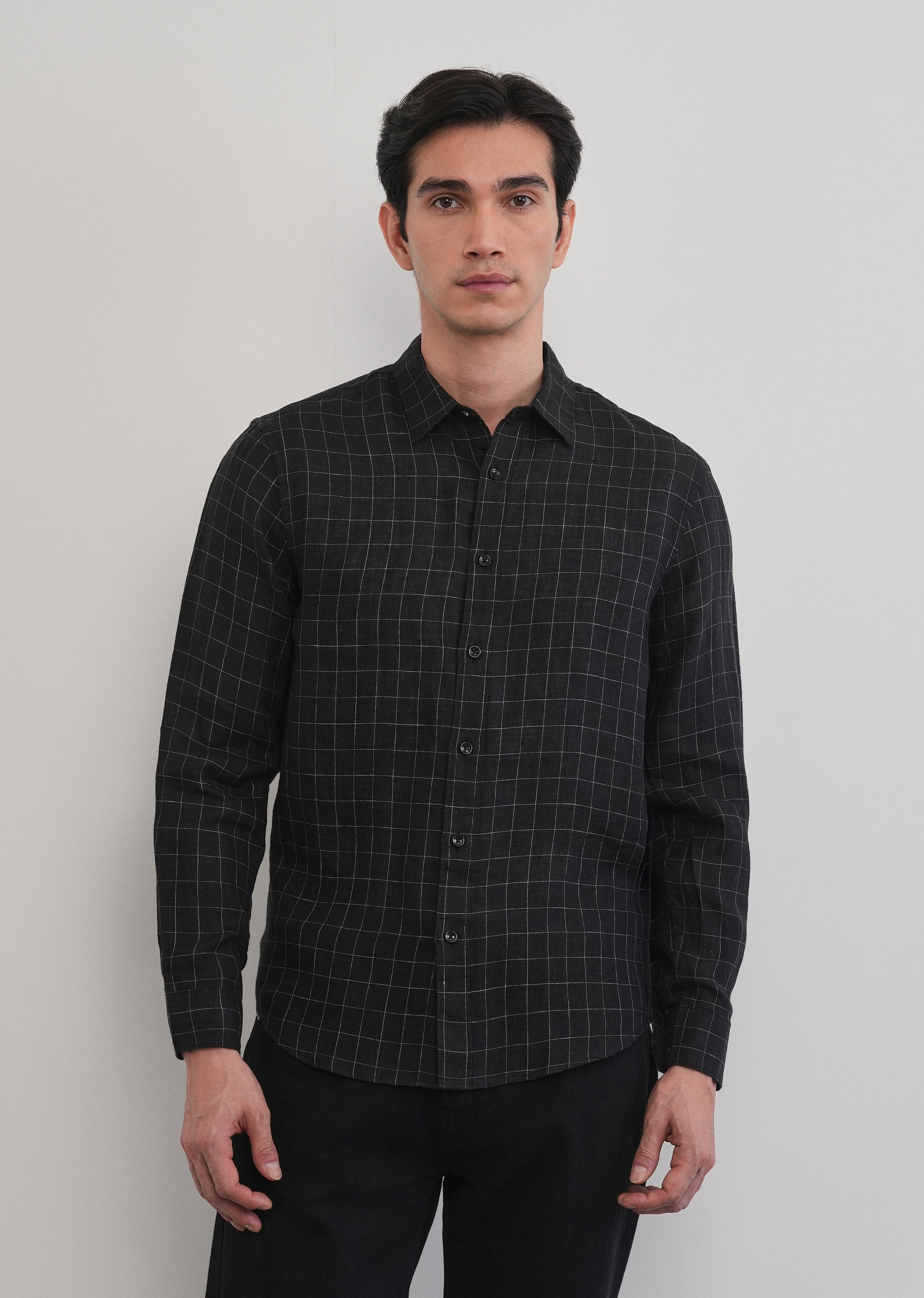 Black 100% Pure Linen Classic Check Shirt