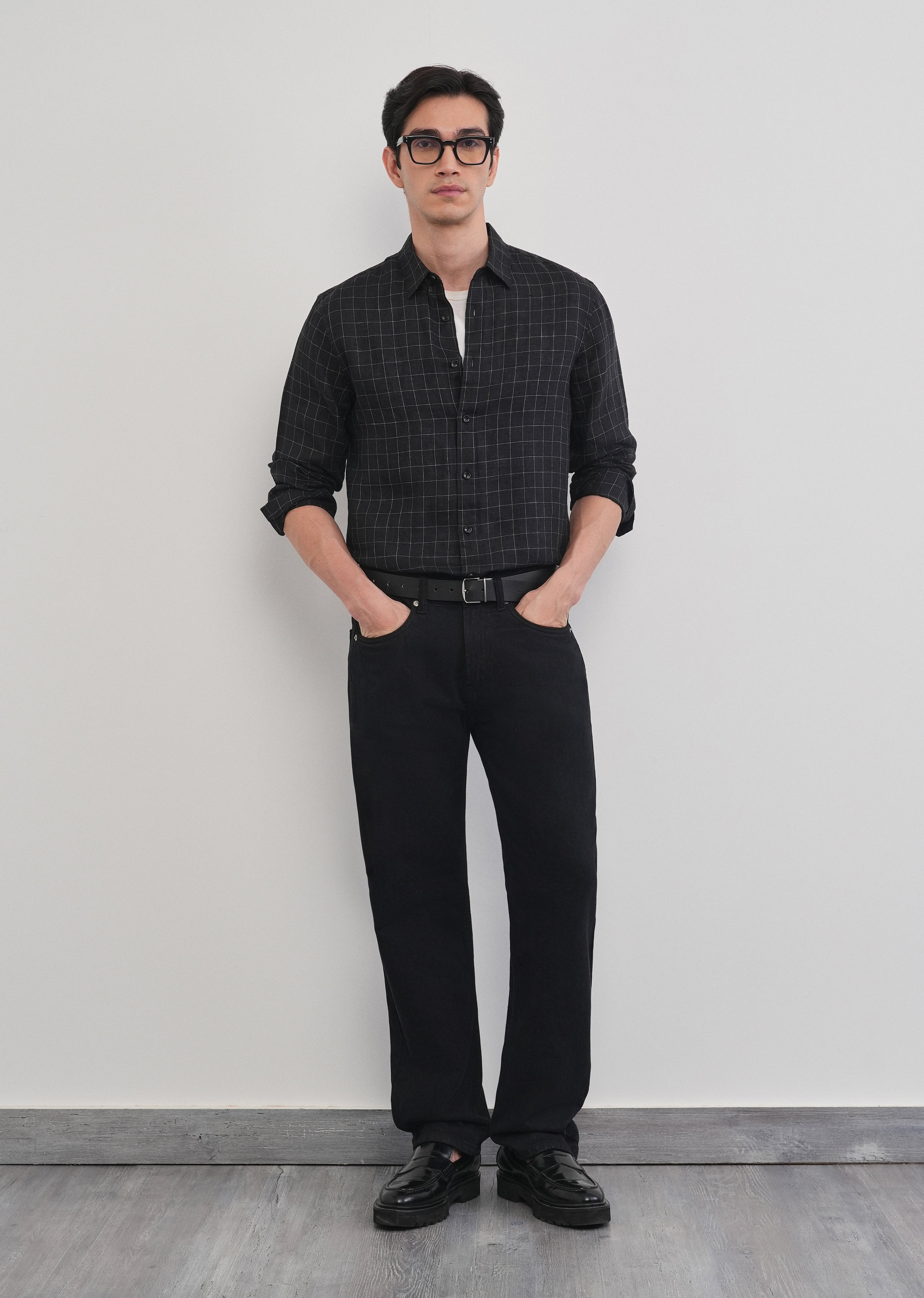 Black 100% Pure Linen Classic Check Shirt