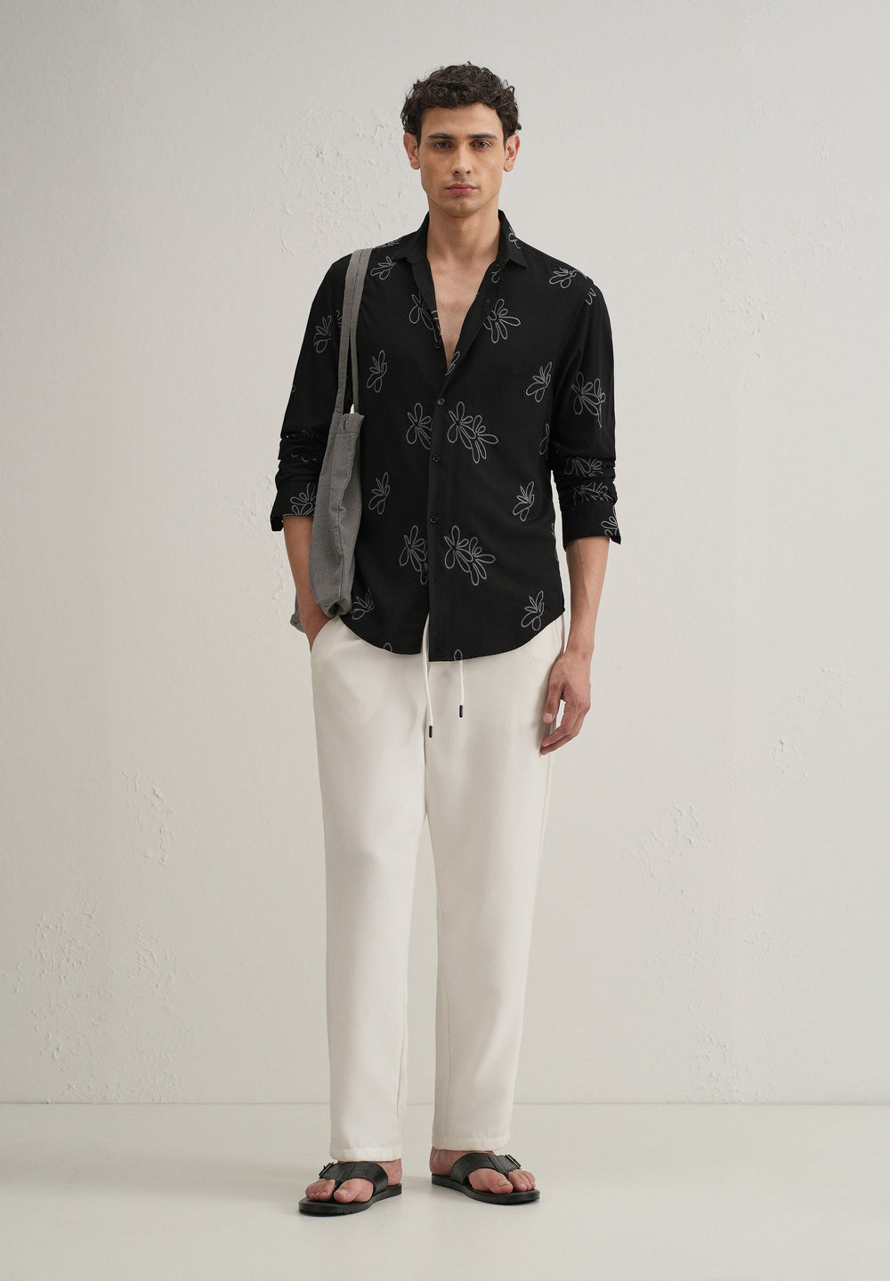 Black Abstract Floral Embroidery Shirt