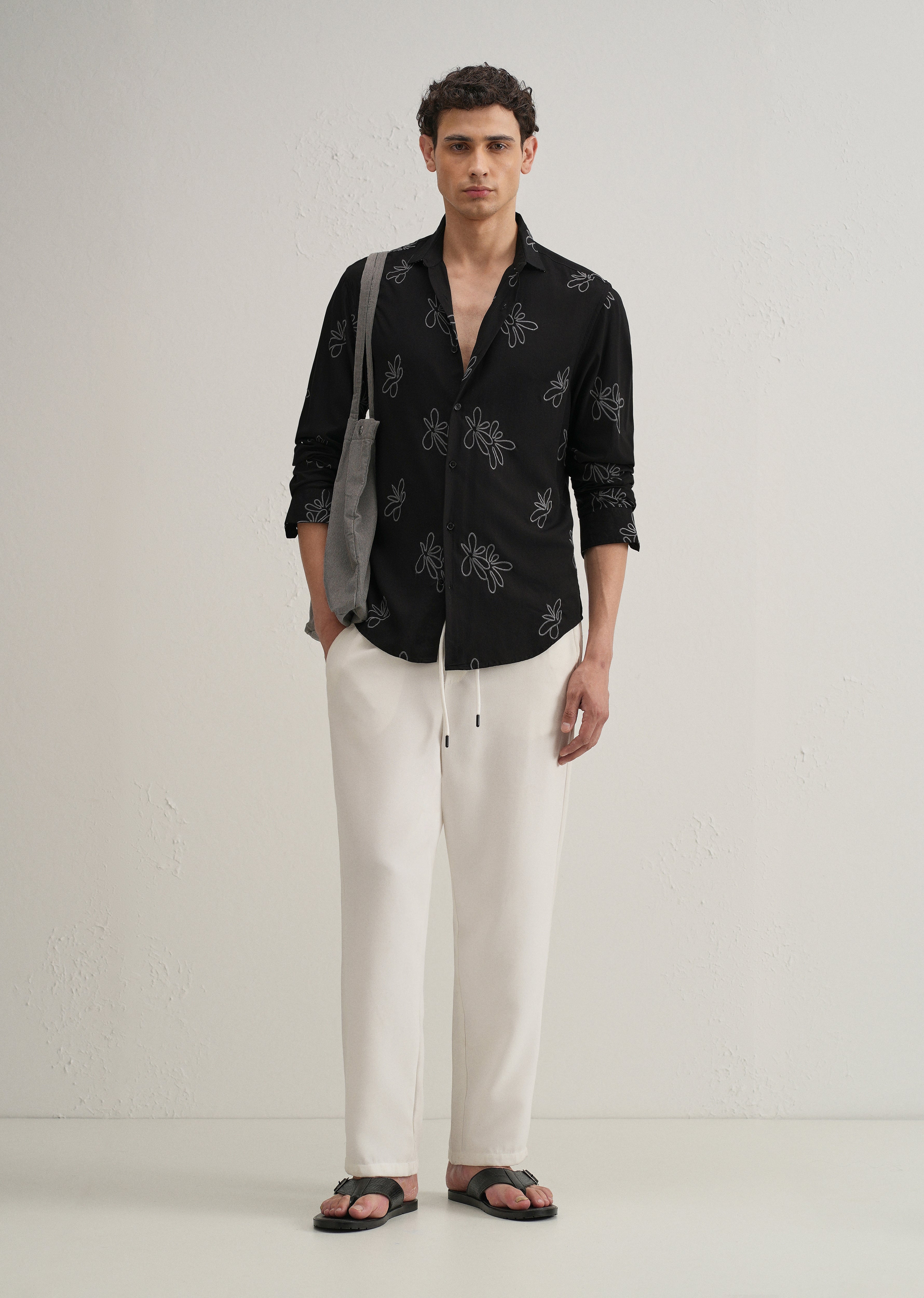 Black Abstract Floral Embroidery Shirt