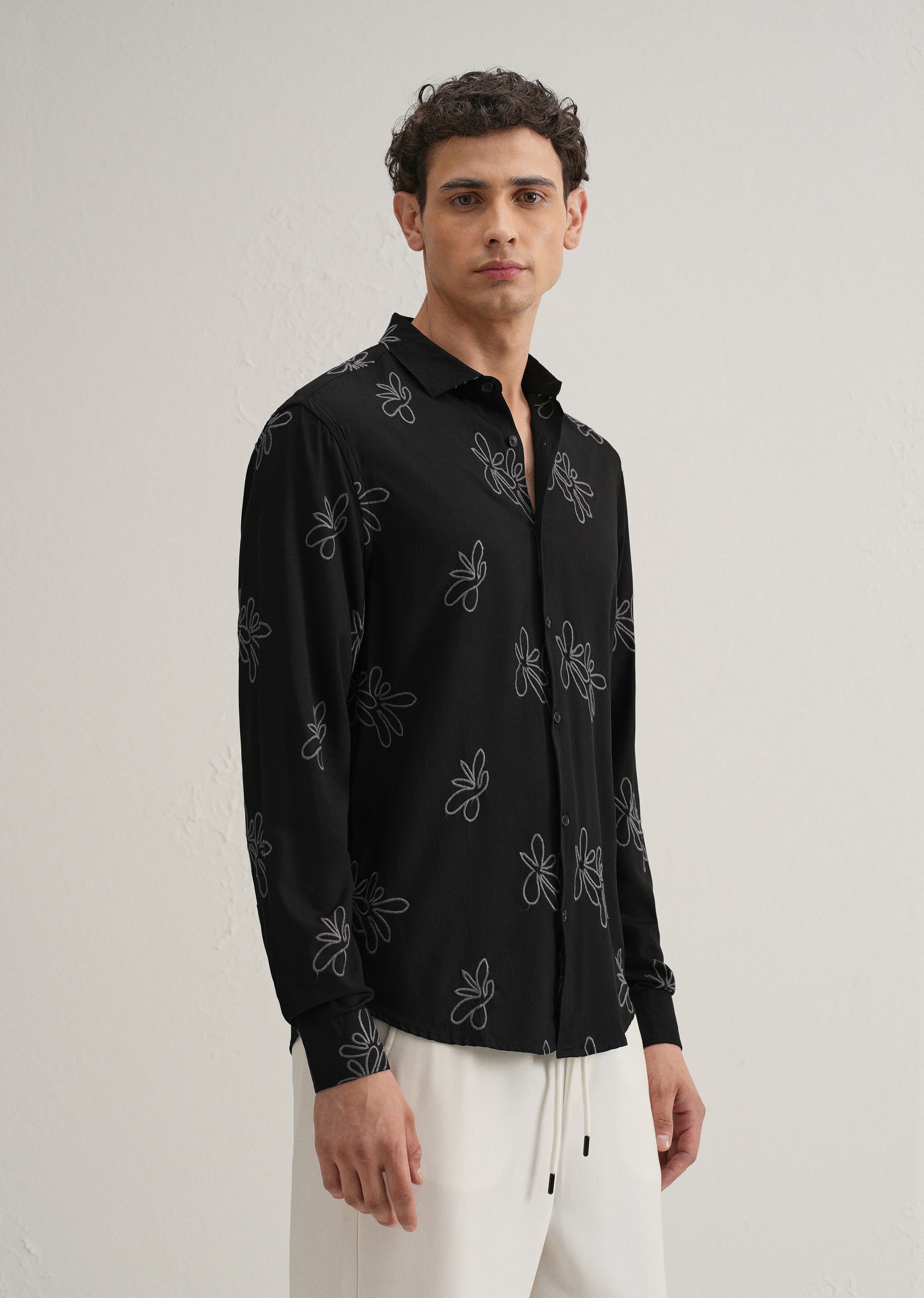 Black Abstract Floral Embroidery Shirt