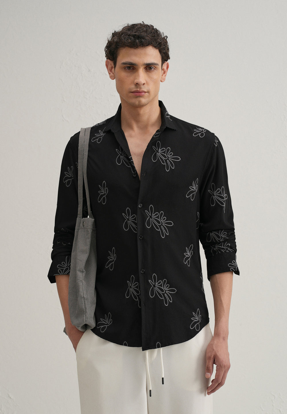 Black Abstract Floral Embroidery Shirt