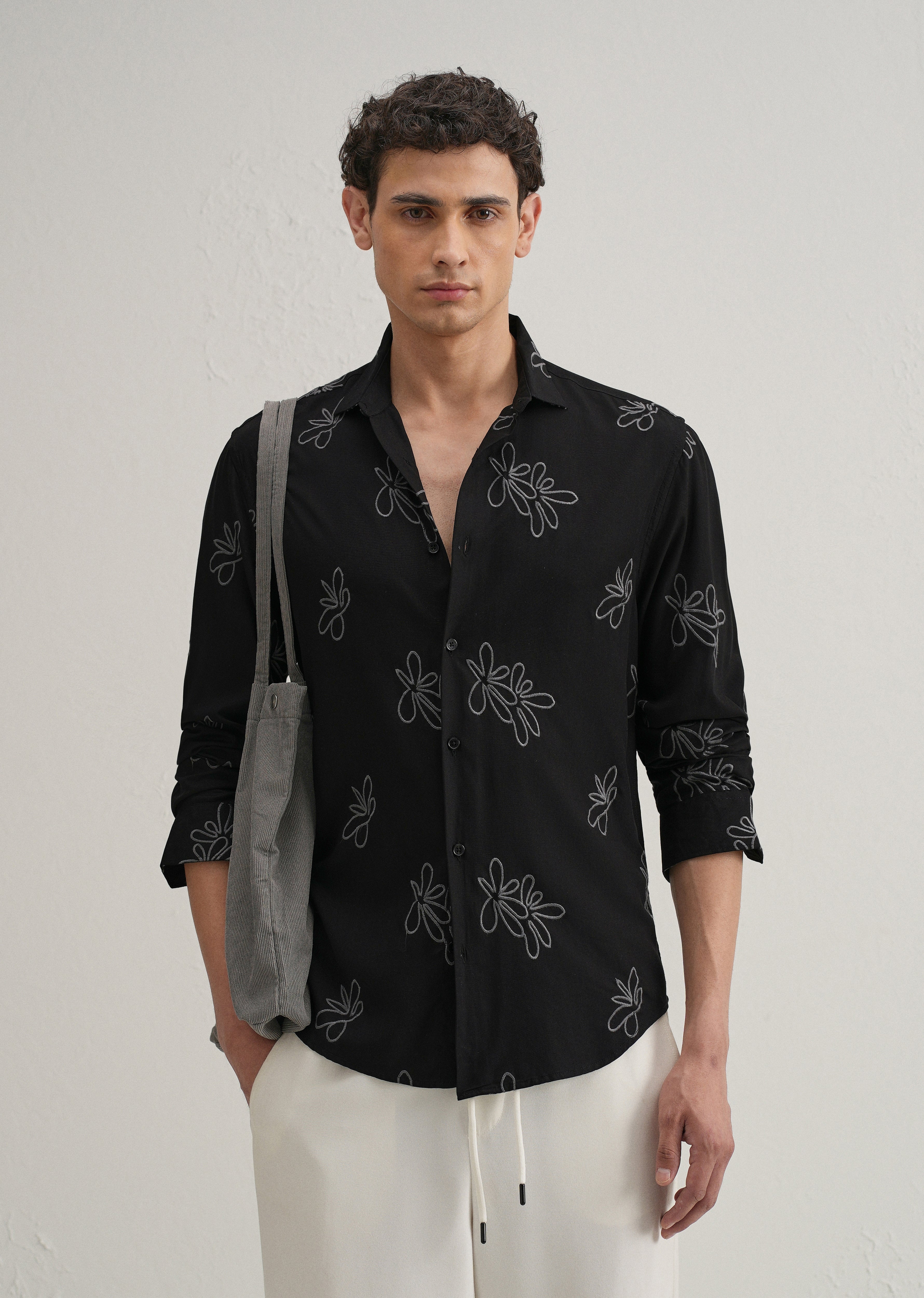 Black Abstract Floral Embroidery Shirt