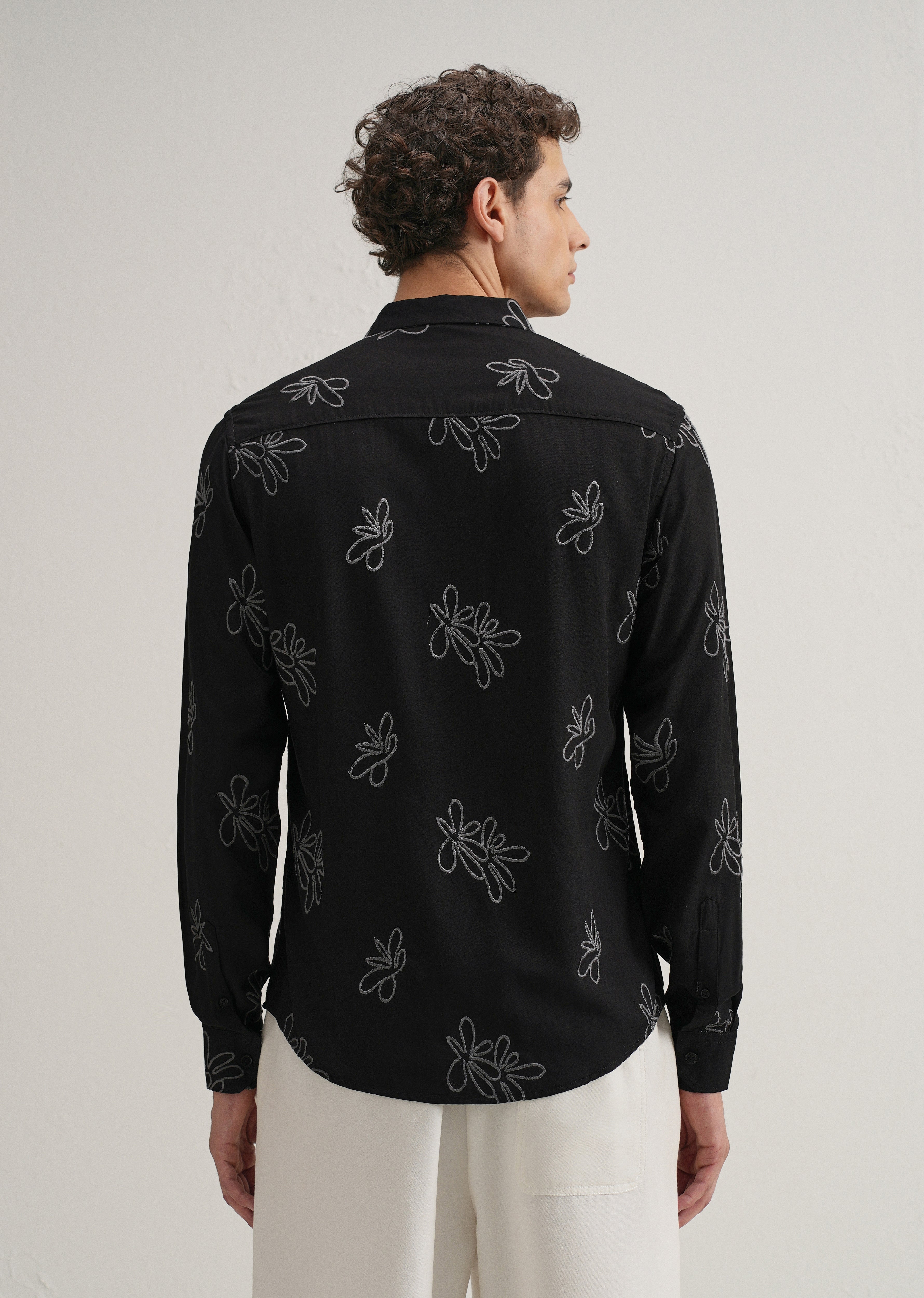 Black Abstract Floral Embroidery Shirt