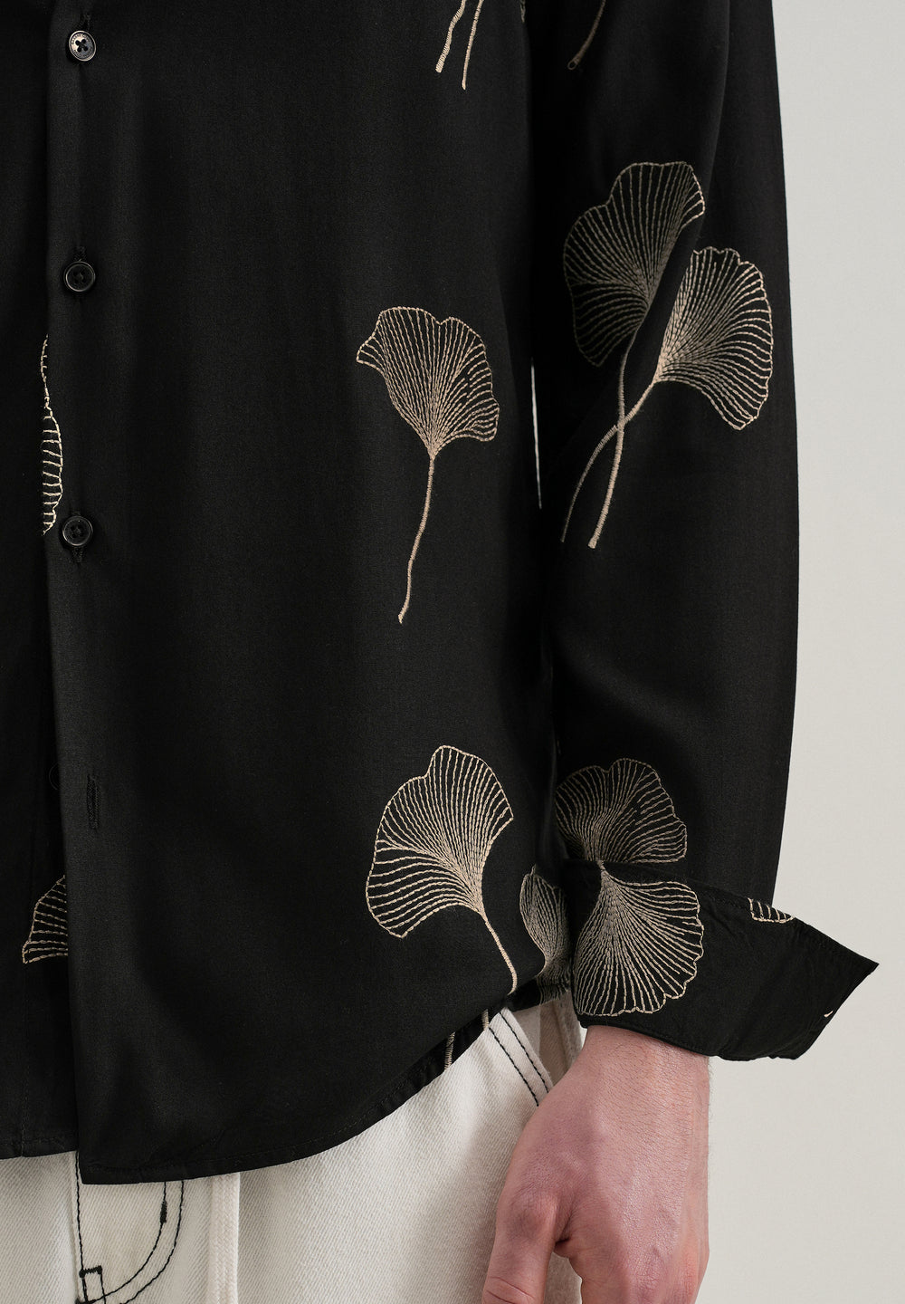 Black Abstract Leaf Embroidery Shirt
