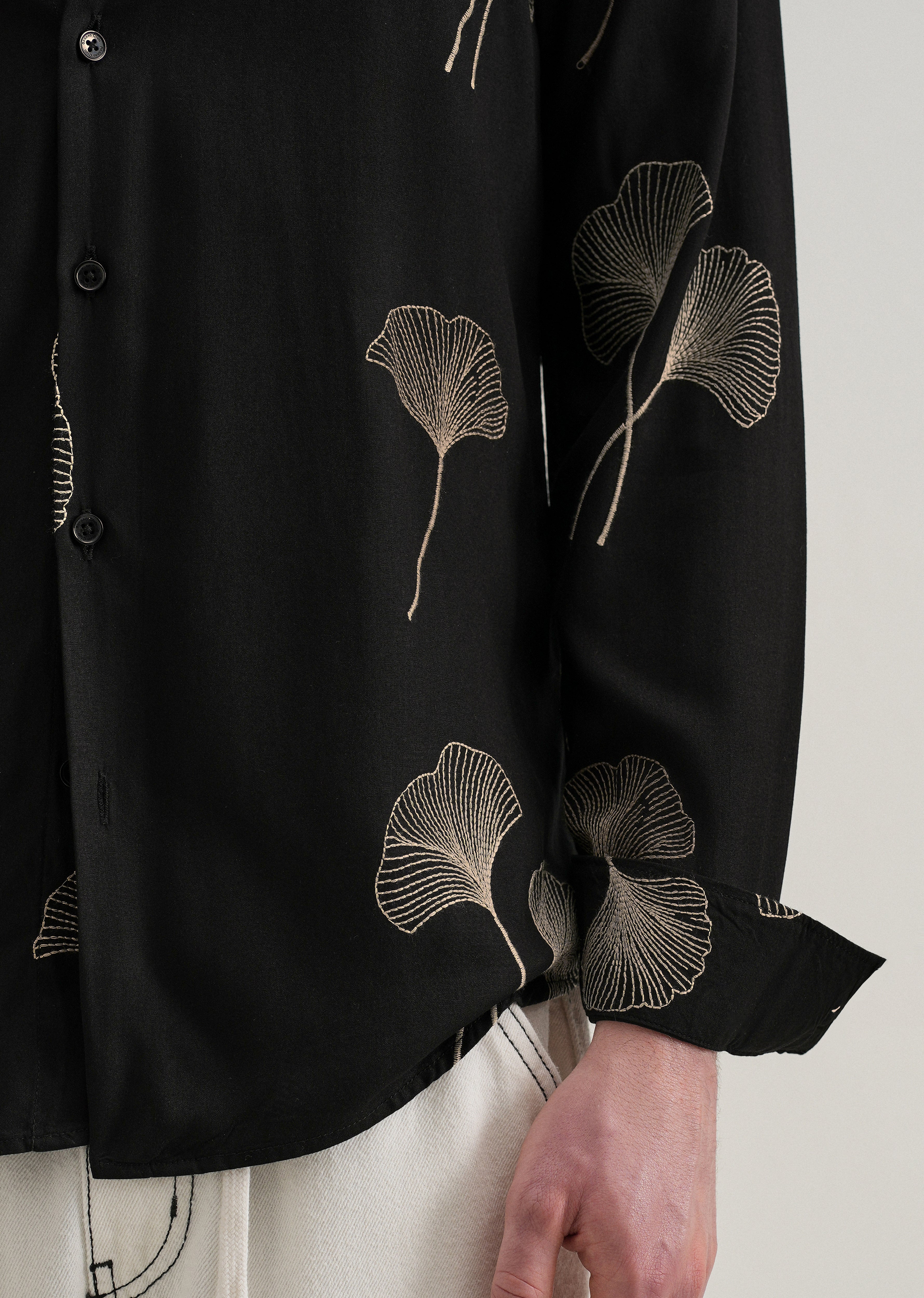 Black Abstract Leaf Embroidery Shirt