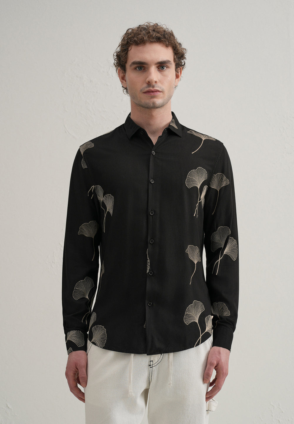 Black Abstract Leaf Embroidery Shirt