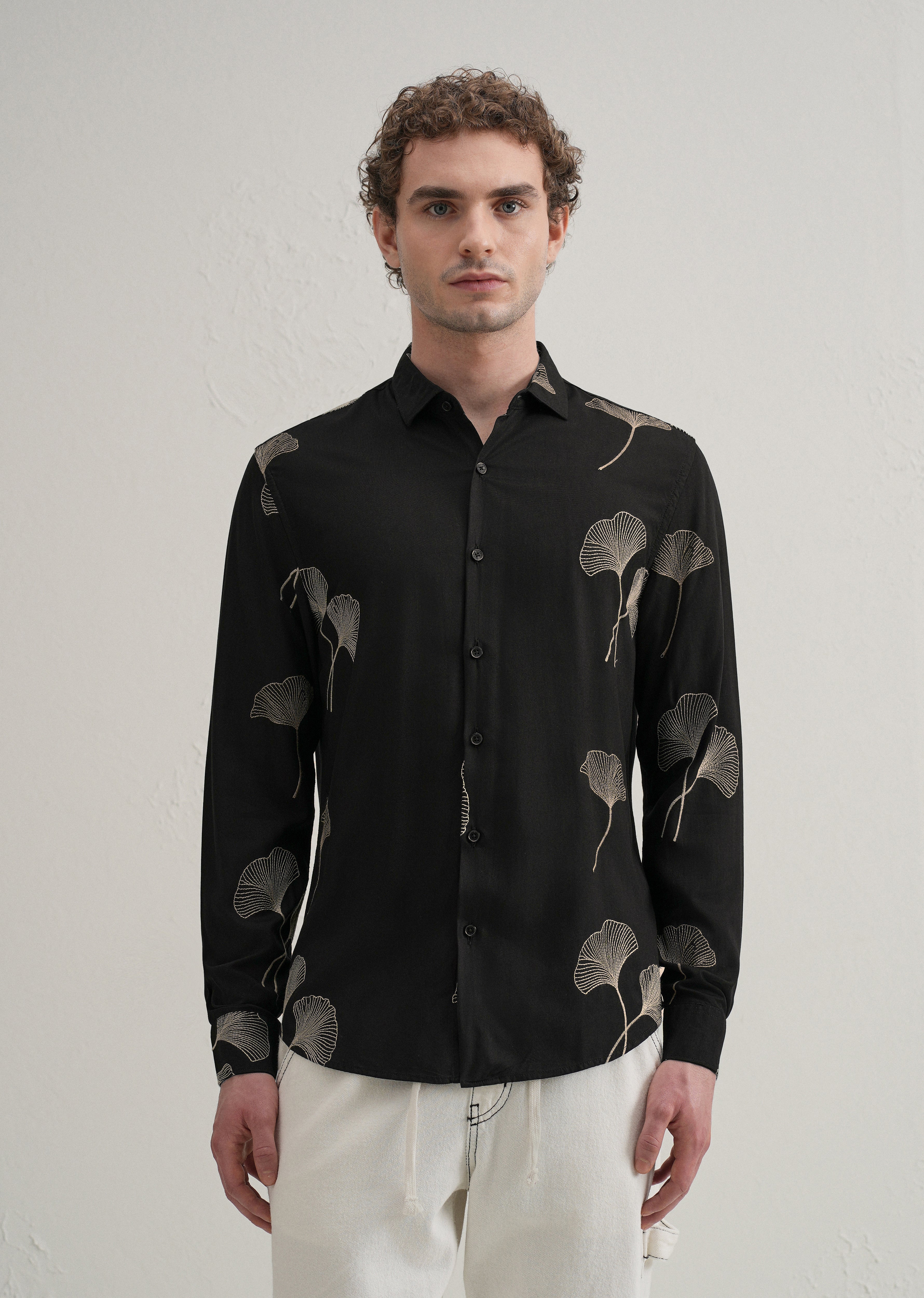 Black Abstract Leaf Embroidery Shirt