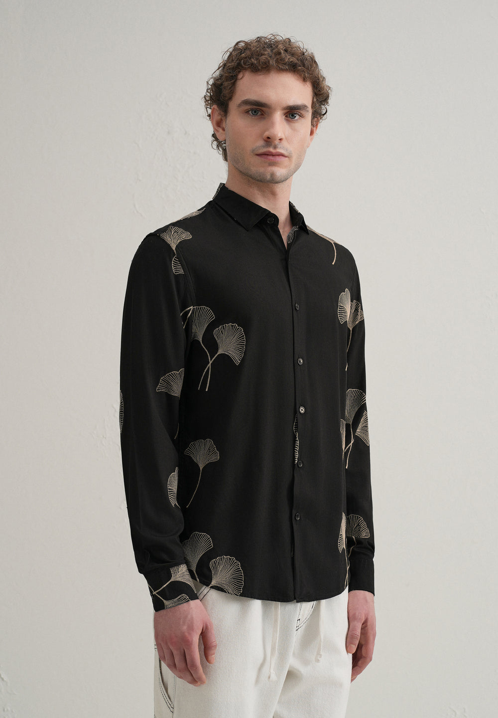 Black Abstract Leaf Embroidery Shirt