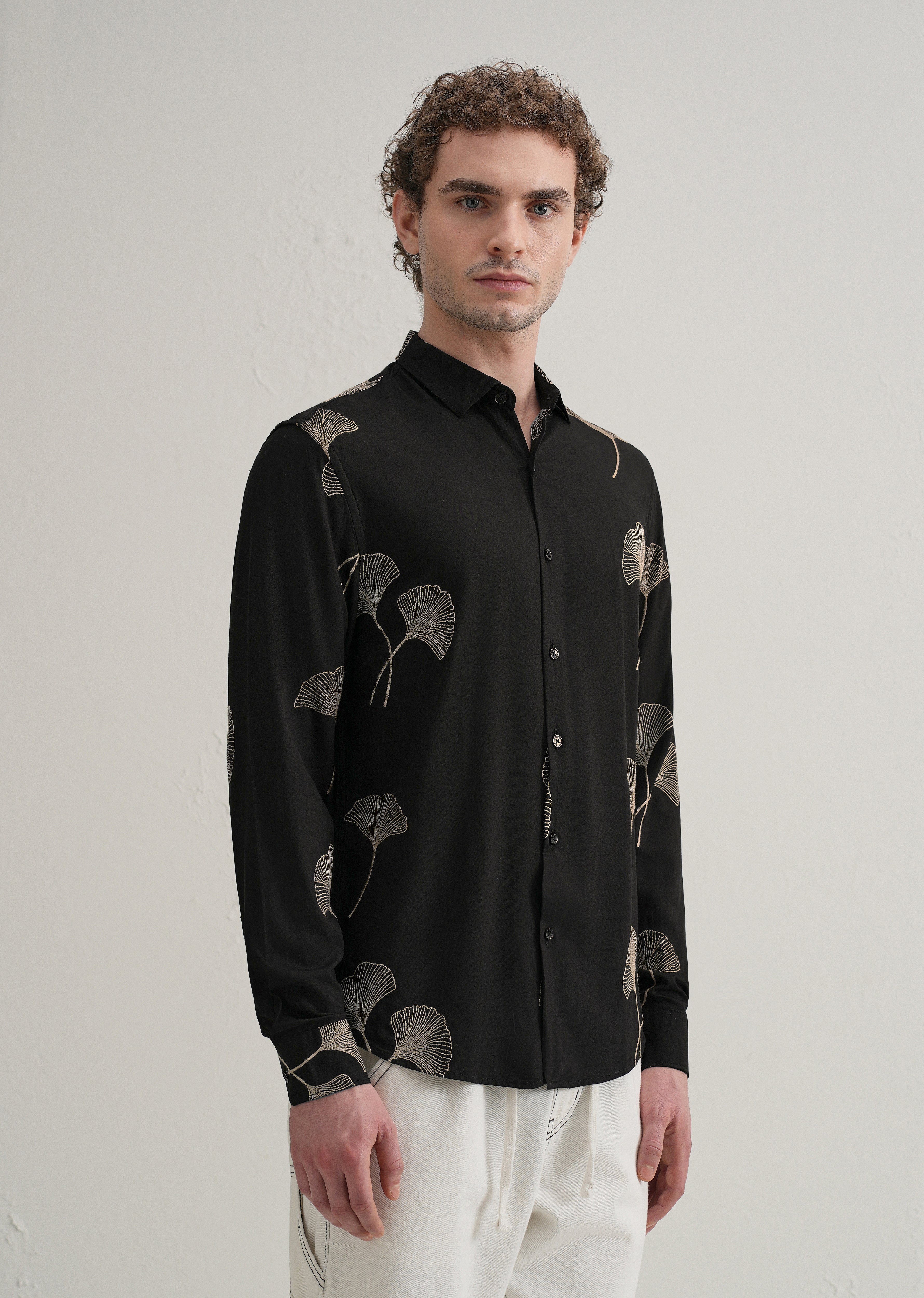 Black Abstract Leaf Embroidery Shirt