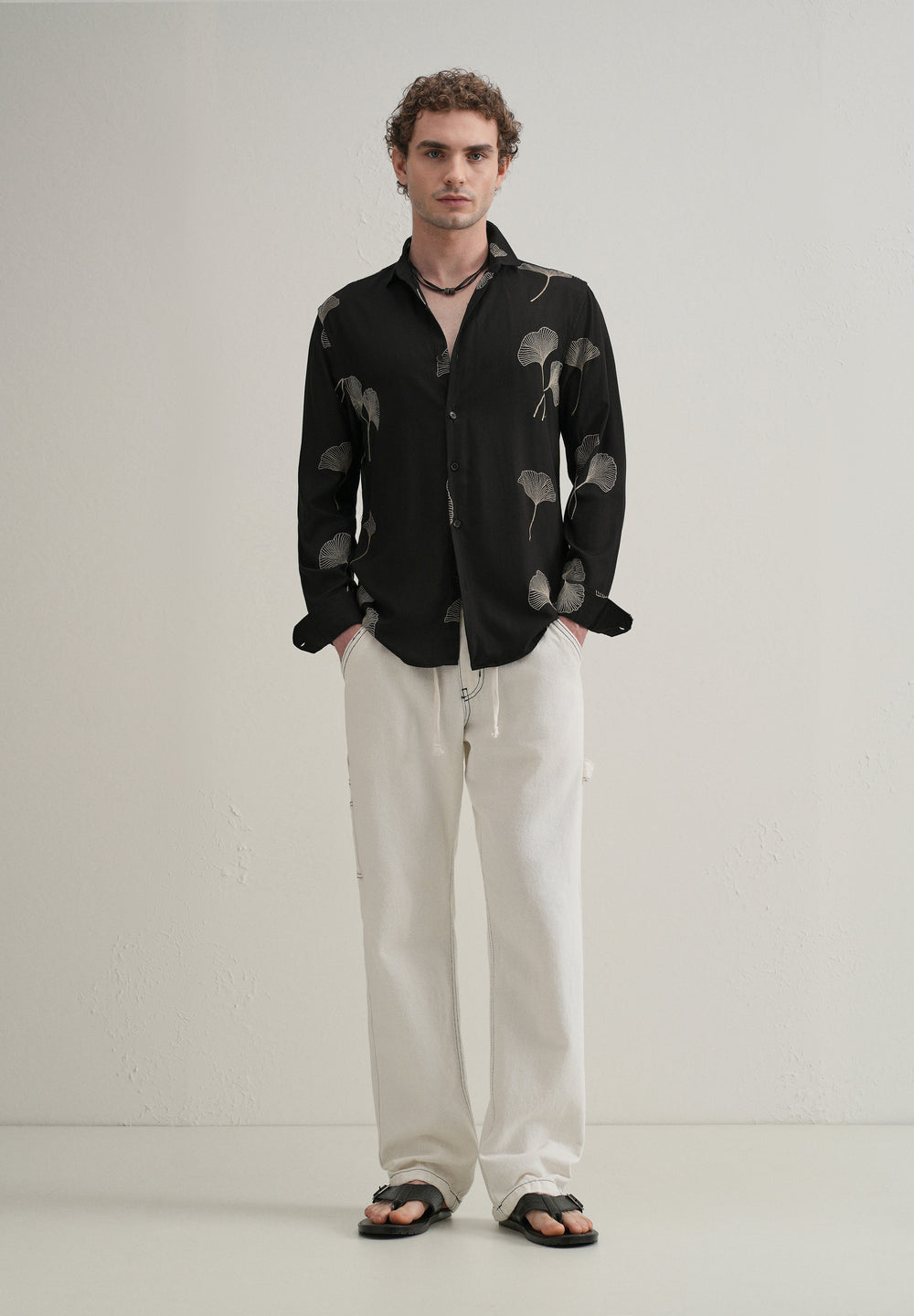 Black Abstract Leaf Embroidery Shirt