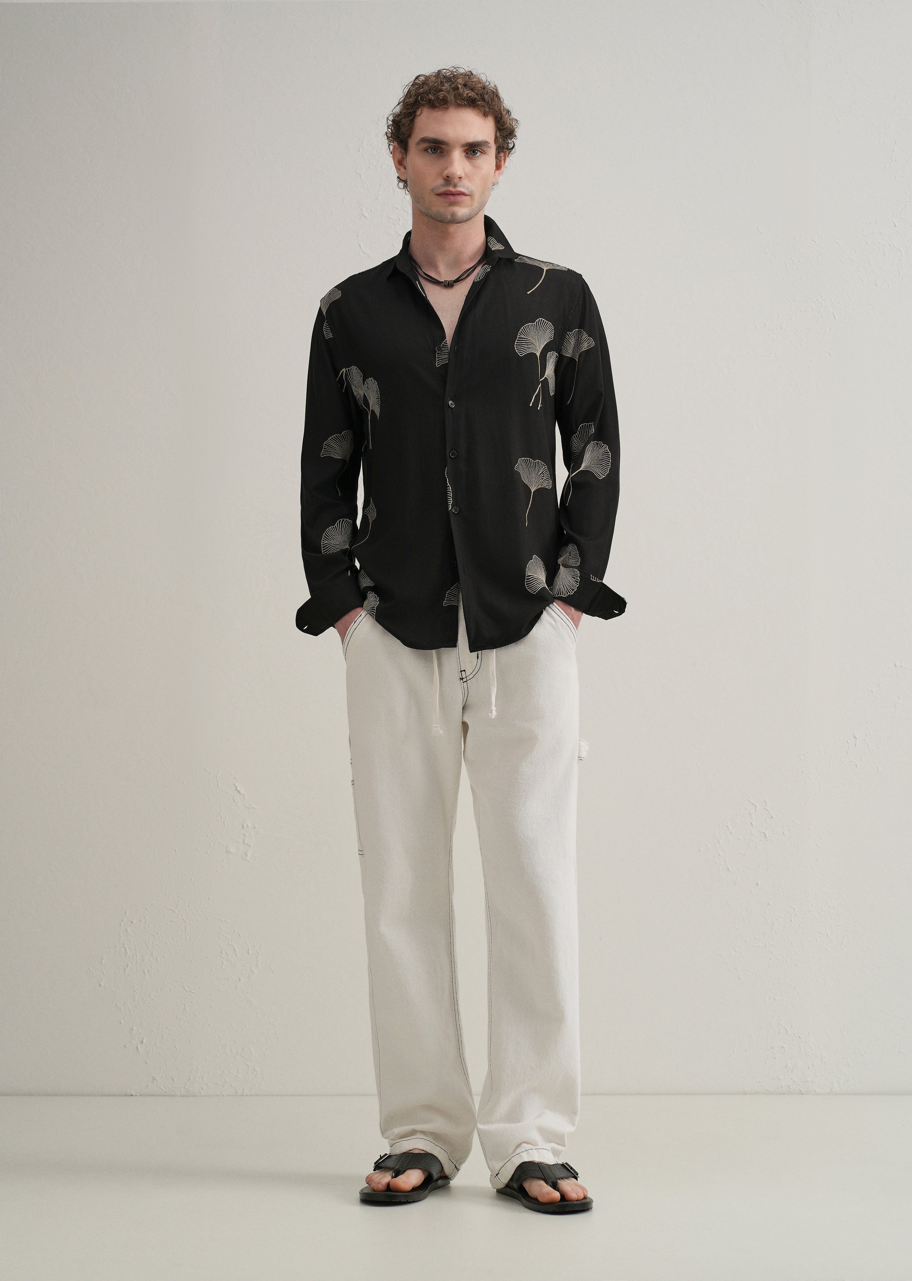 Black Abstract Leaf Embroidery Shirt