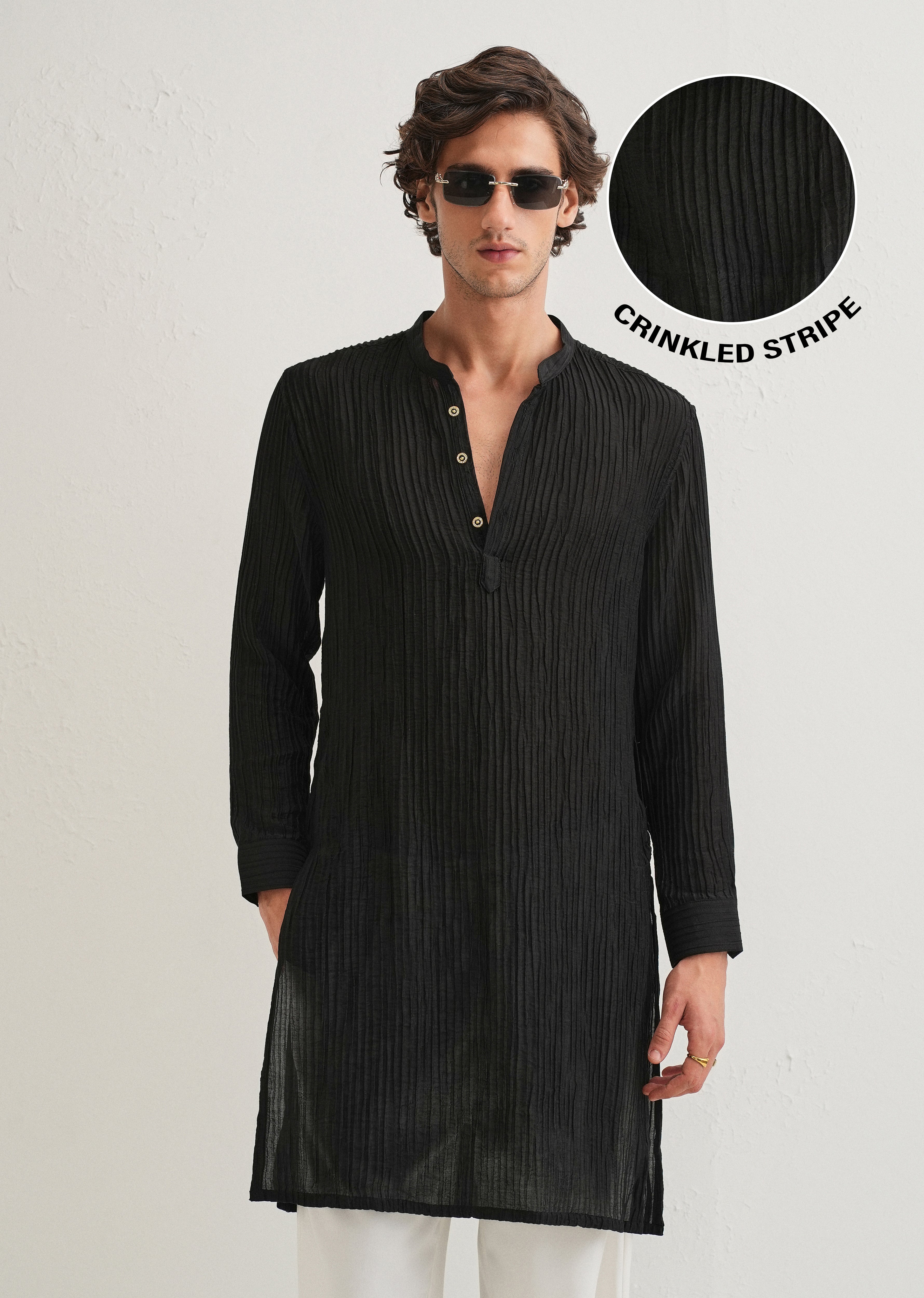 Black Crinkled Stripe Kurta