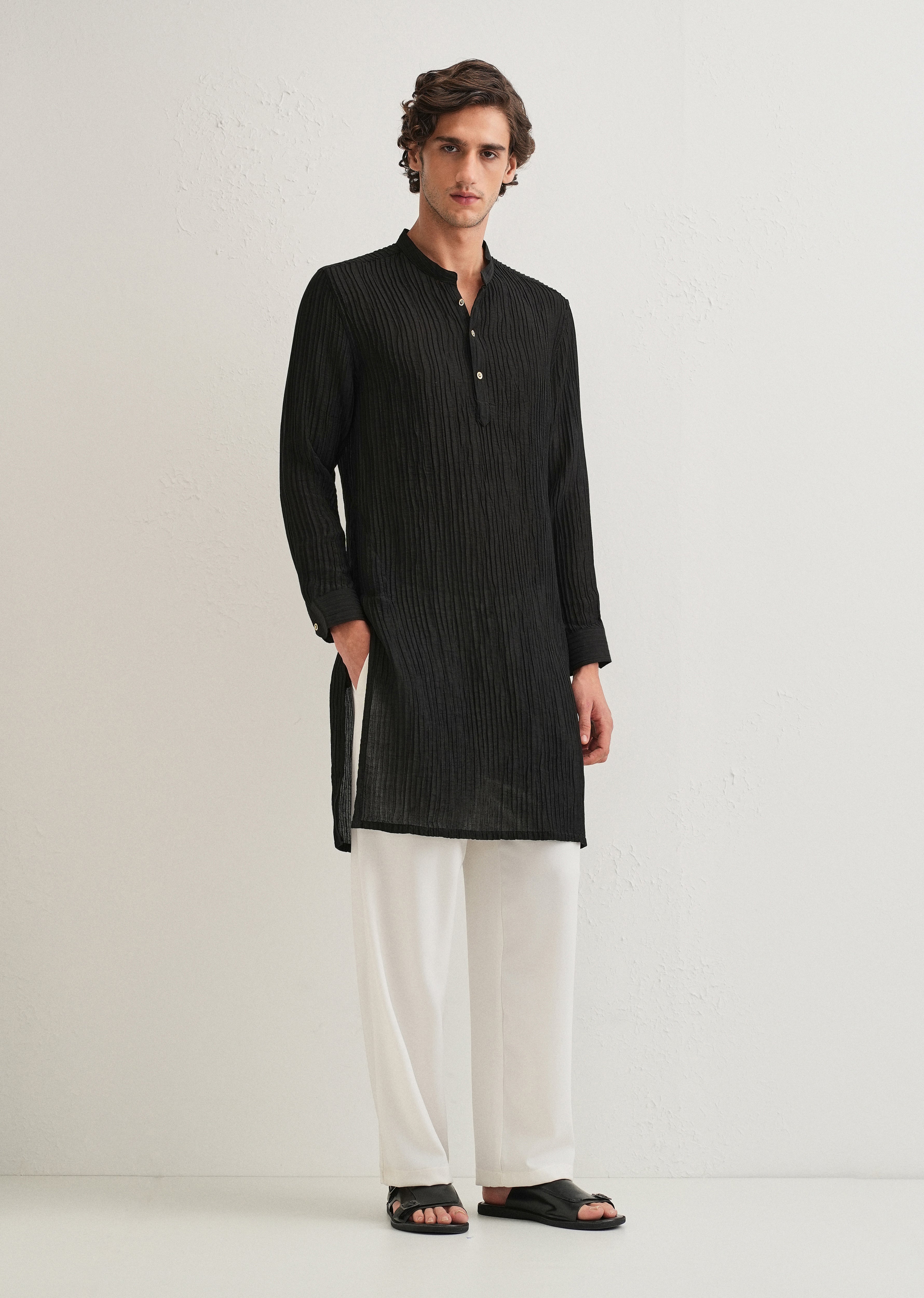 Black Crinkled Stripe Kurta