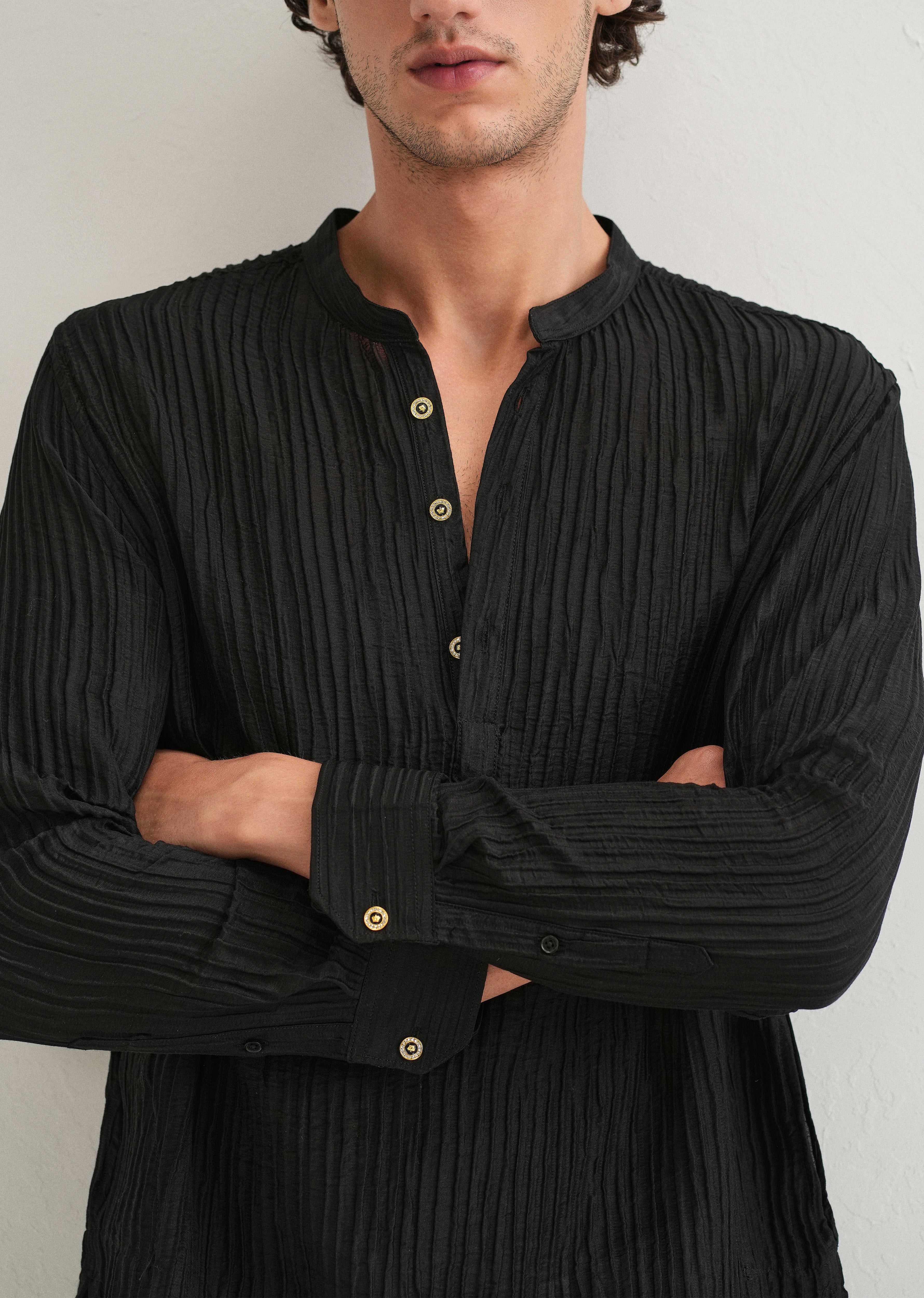 Black Crinkled Stripe Kurta