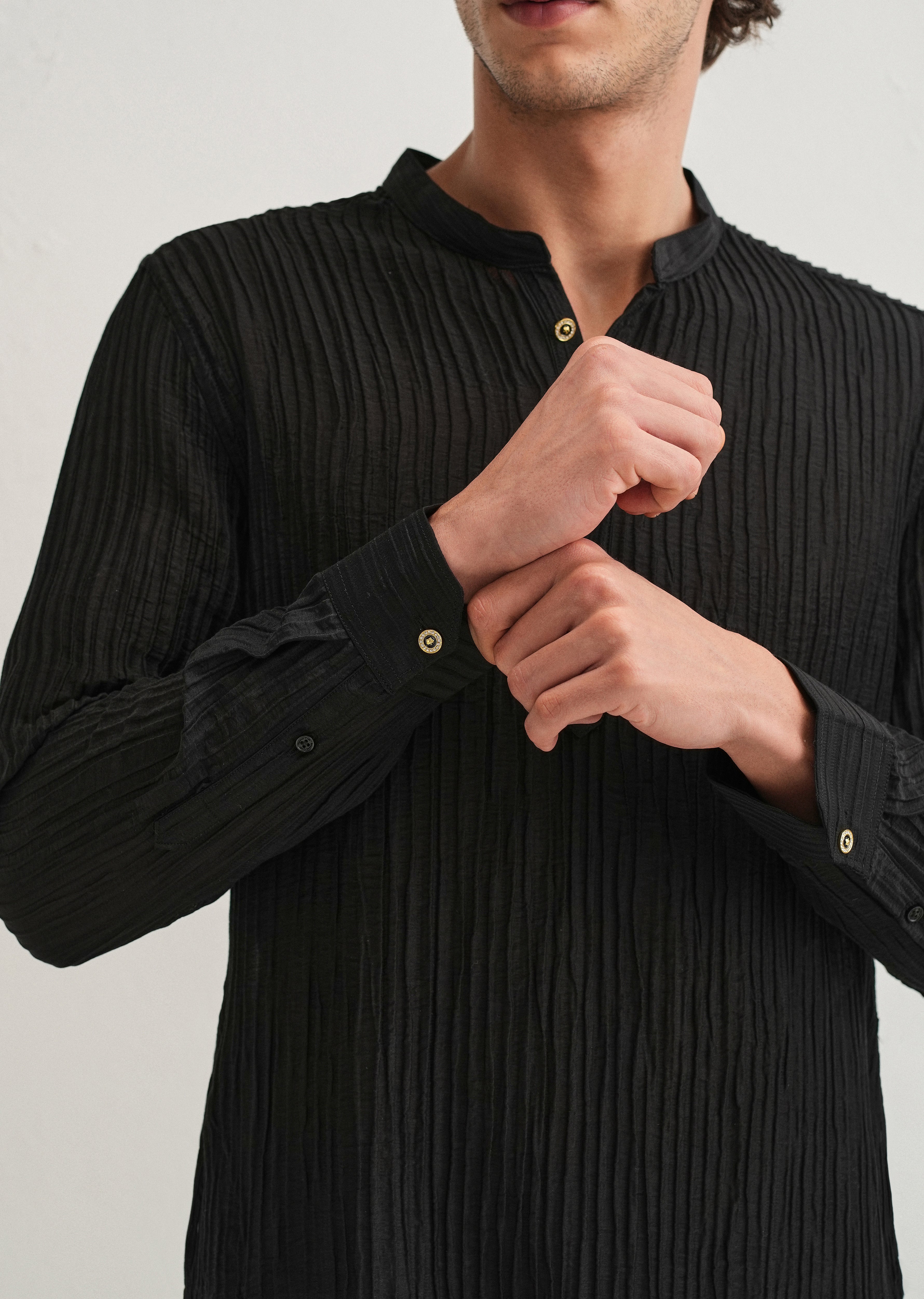 Black Crinkled Stripe Kurta