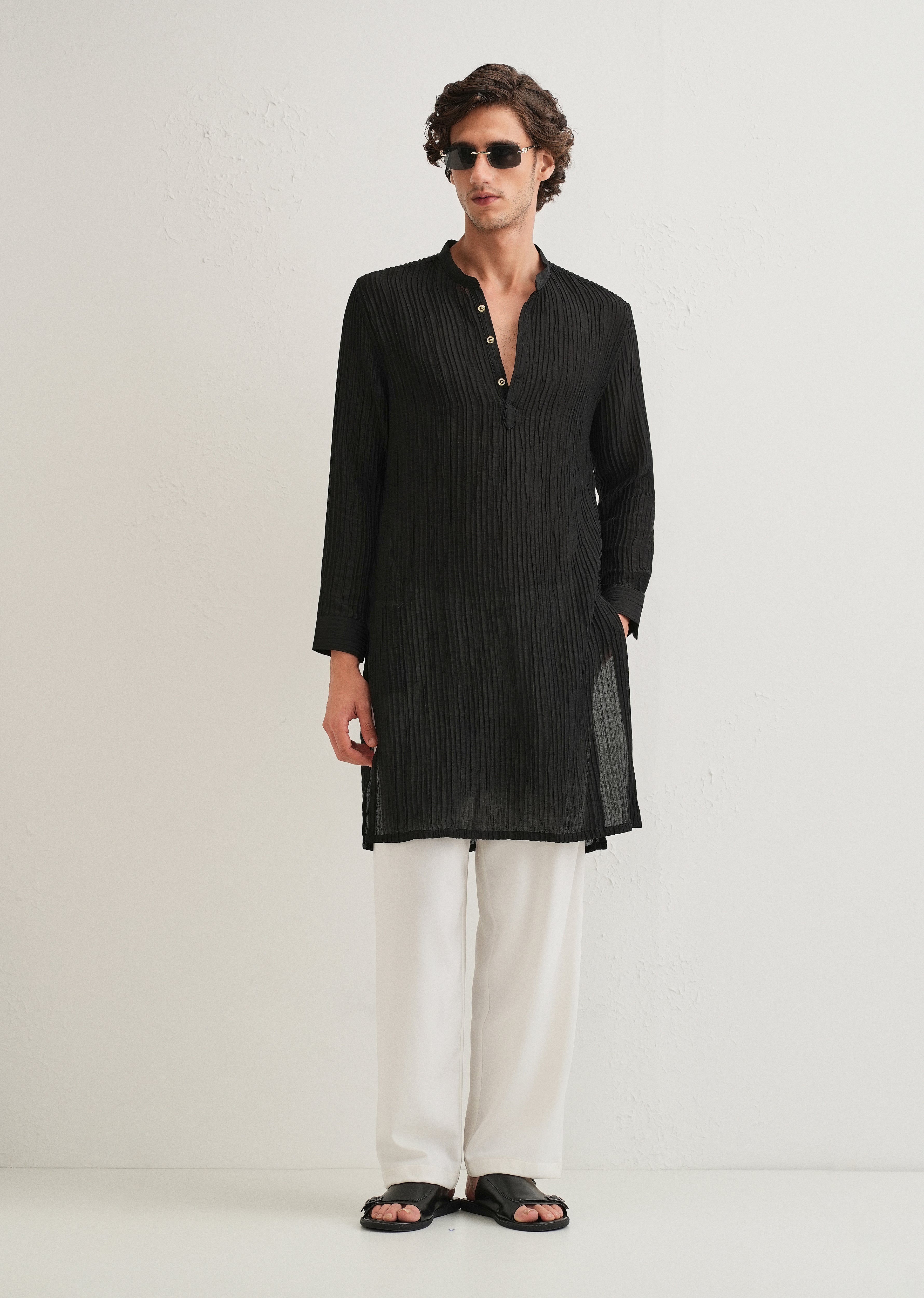 Black Crinkled Stripe Kurta