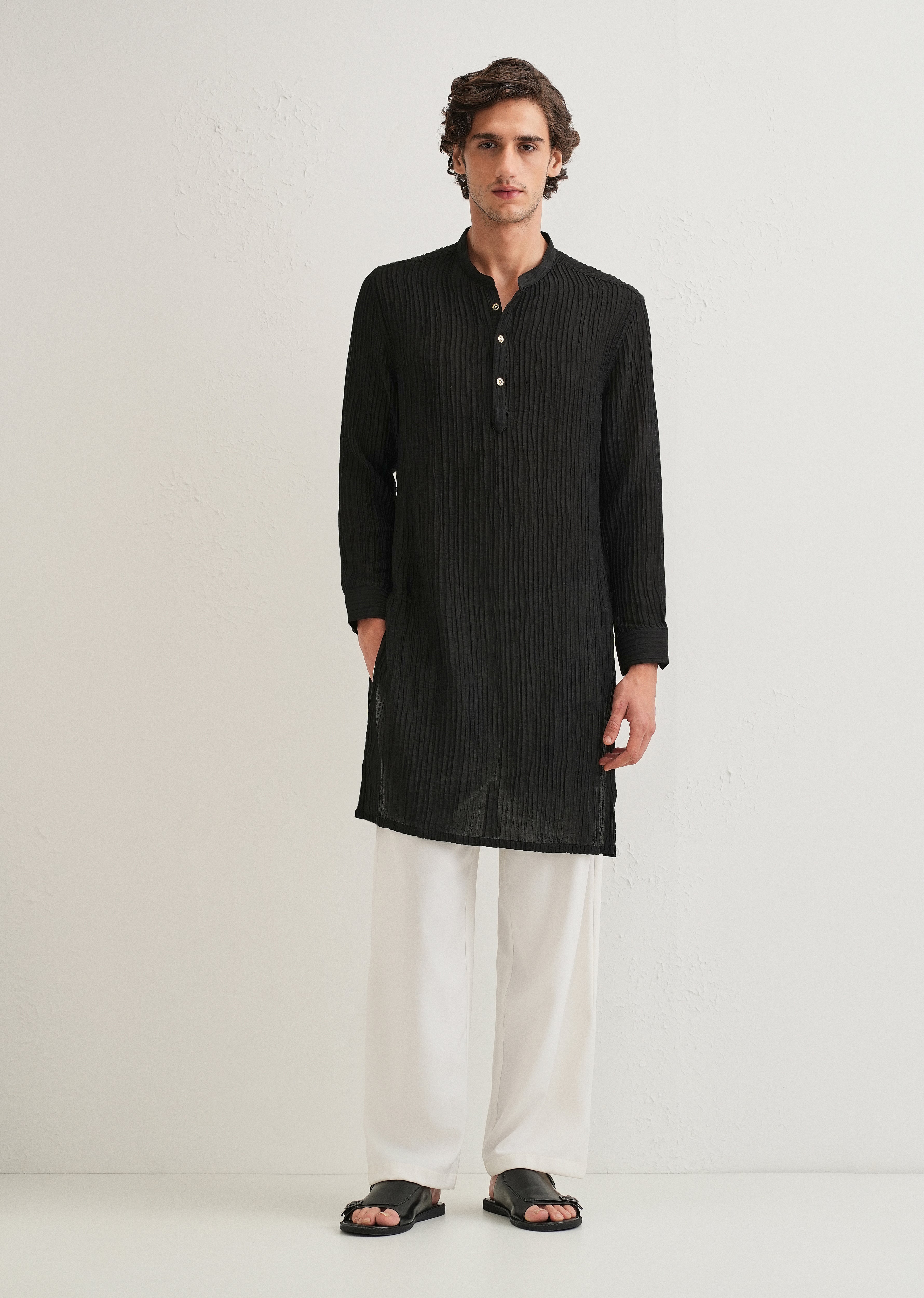 Black Crinkled Stripe Kurta