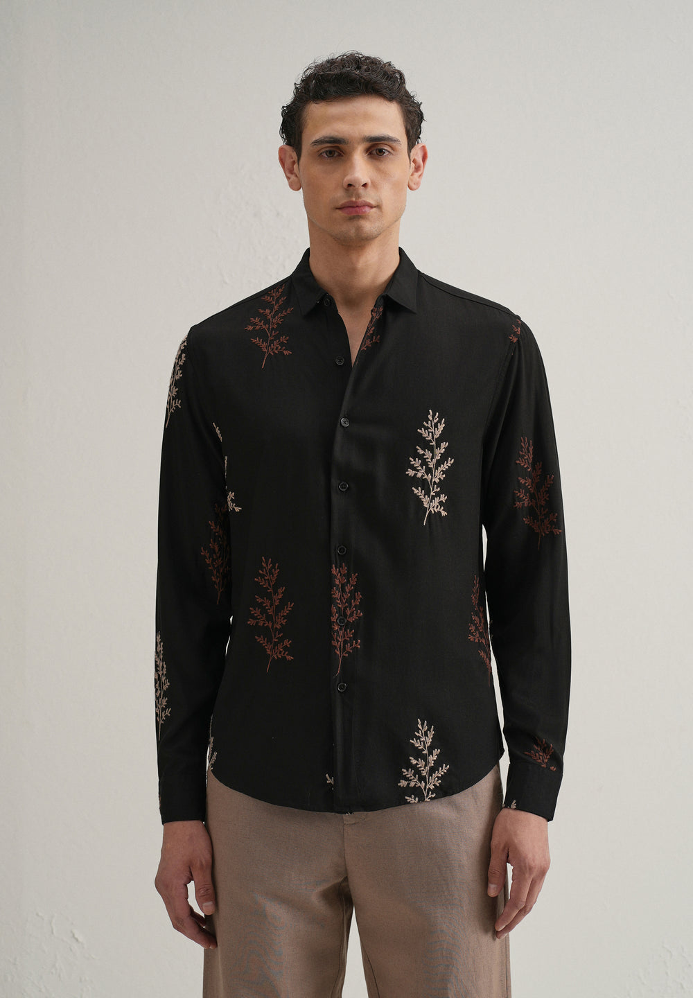 Black Botanical Embroidery Shirt