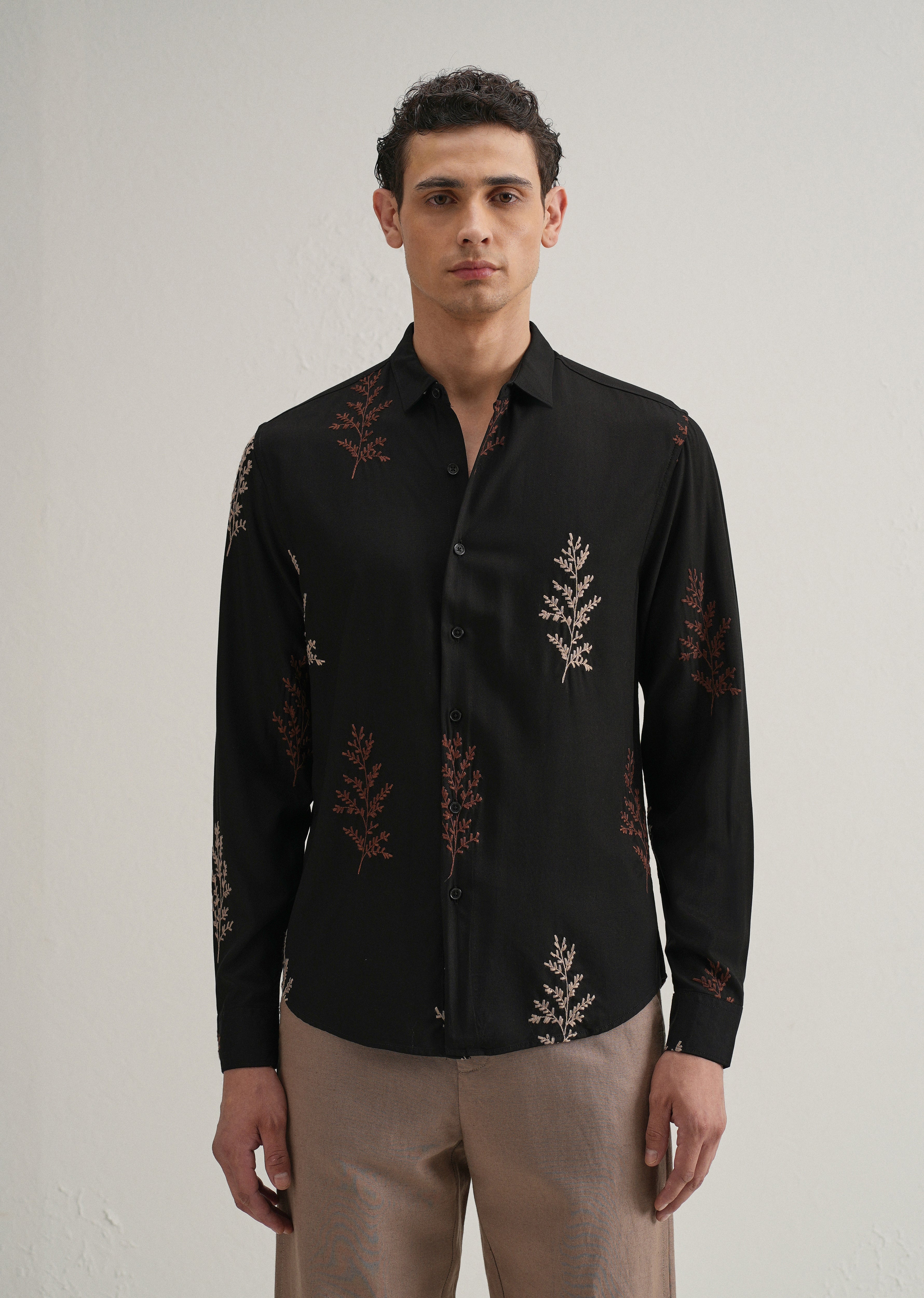 Black Botanical Embroidery Shirt