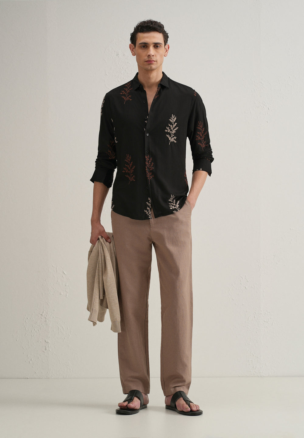 Black Botanical Embroidery Shirt