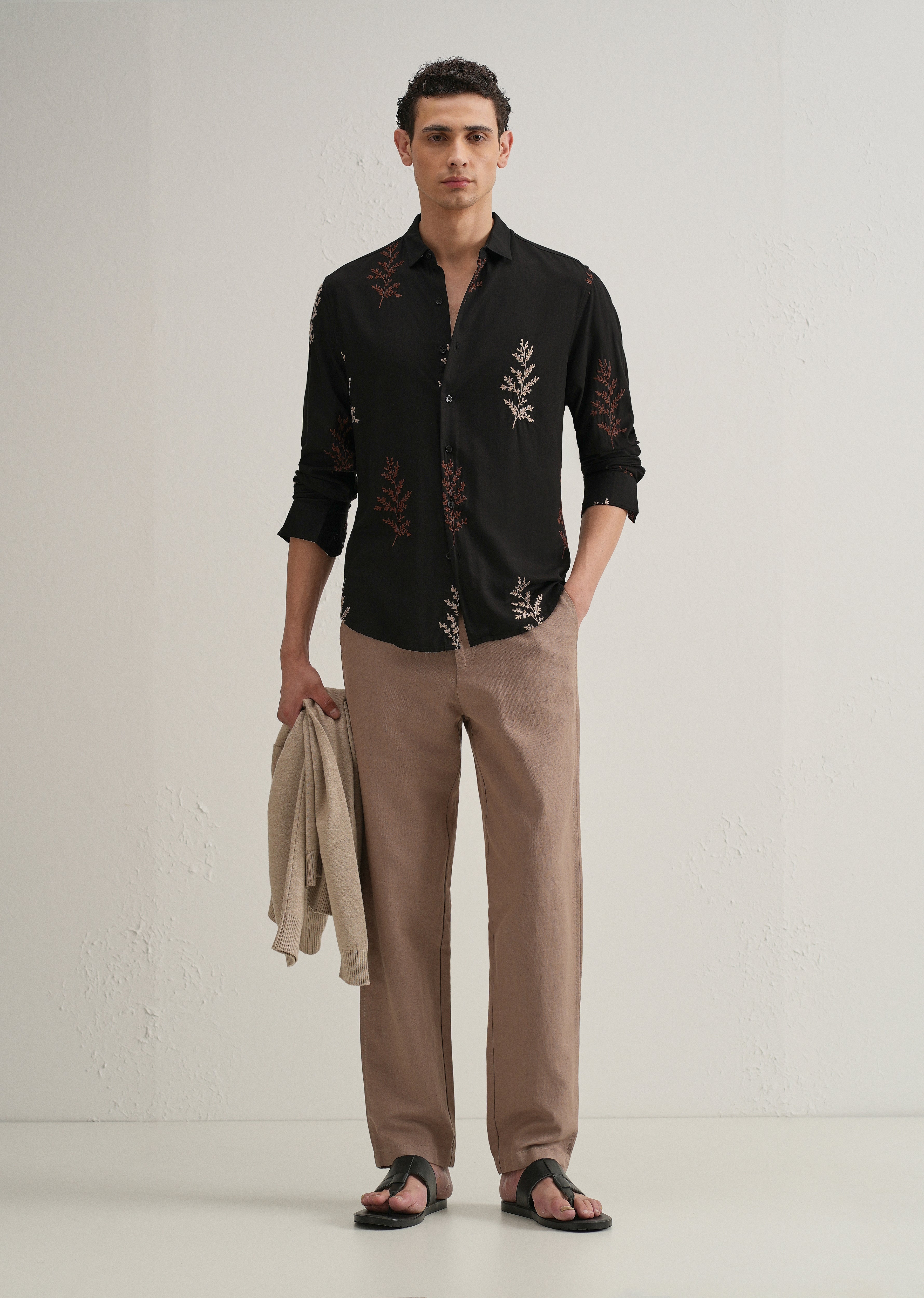 Black Botanical Embroidery Shirt