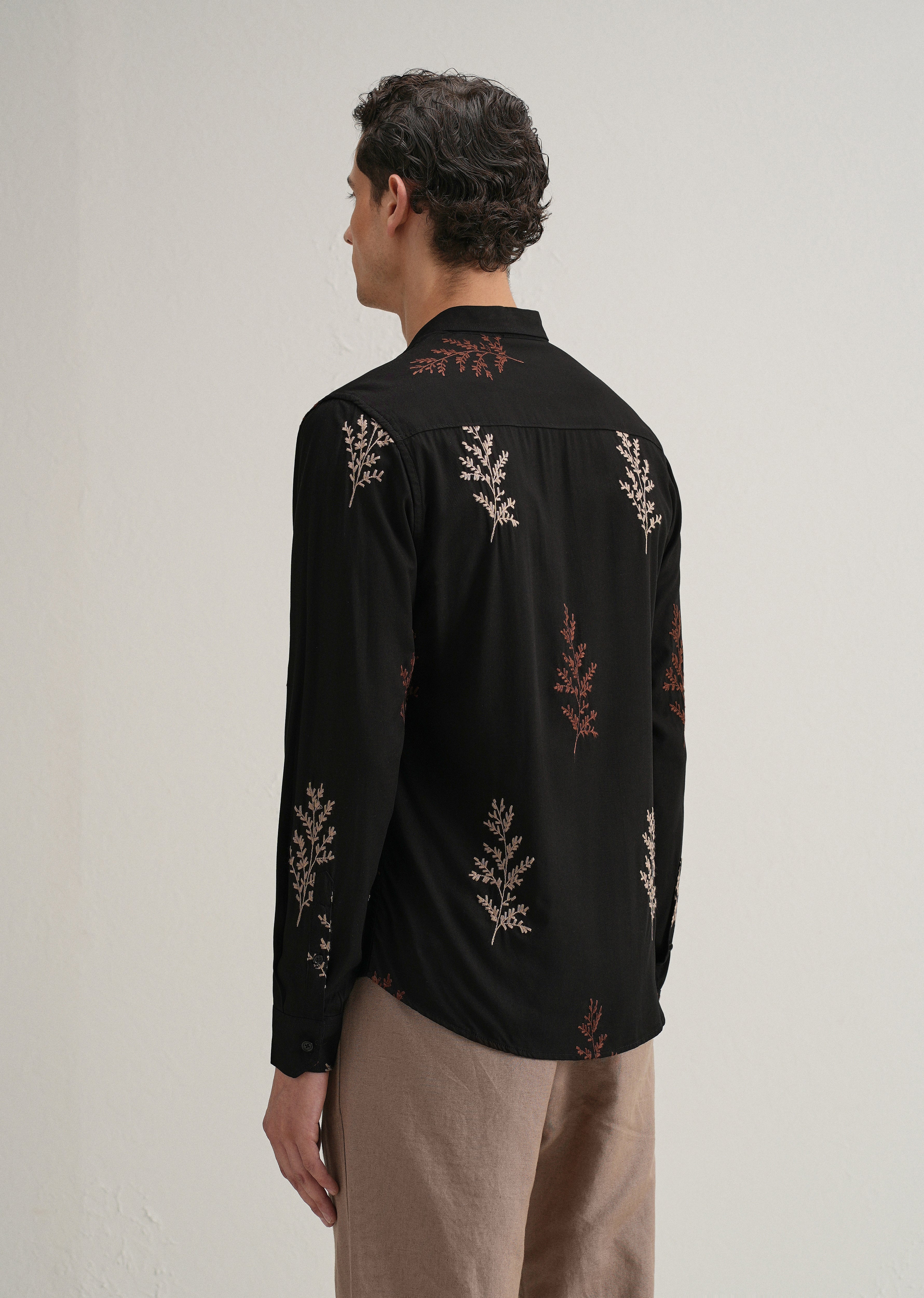 Black Botanical Embroidery Shirt