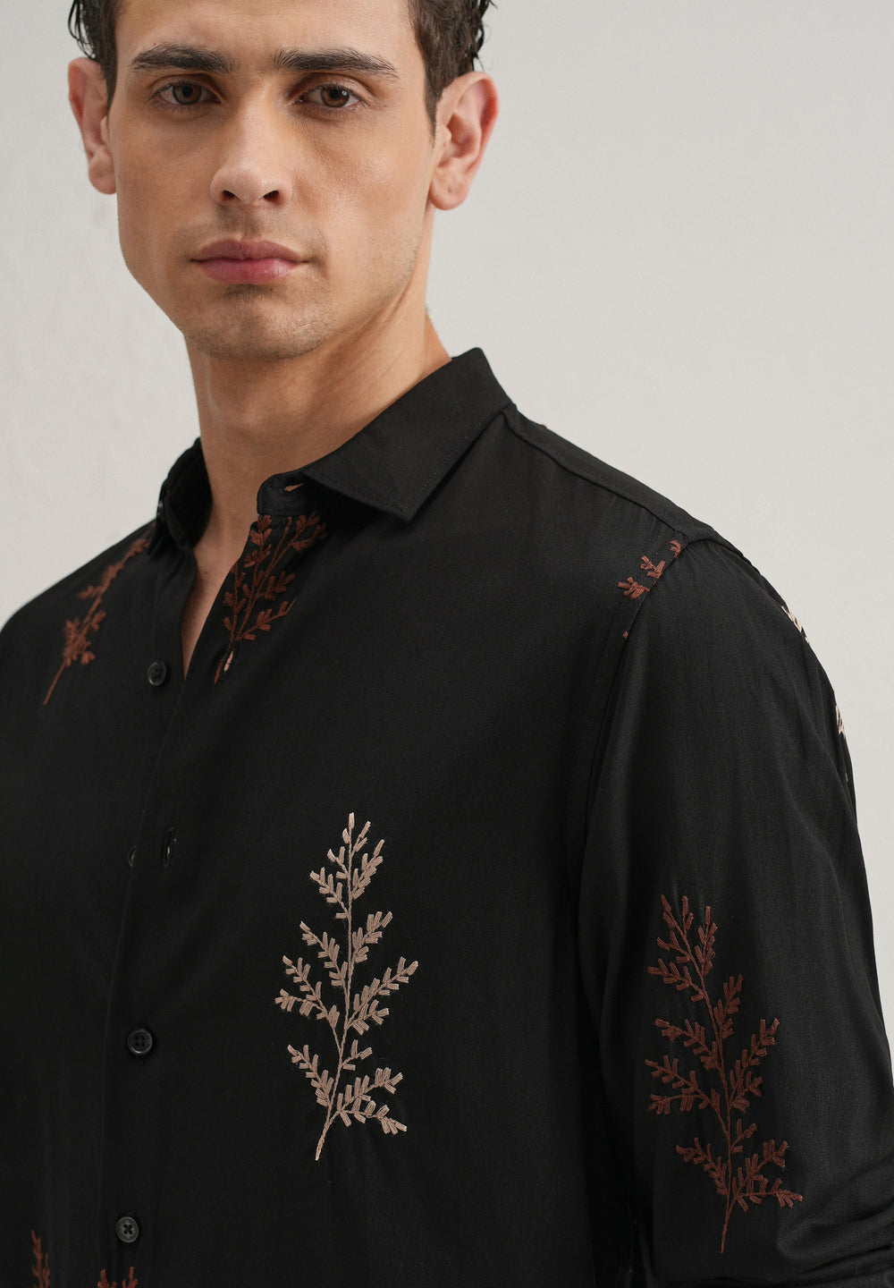 Black Botanical Embroidery Shirt