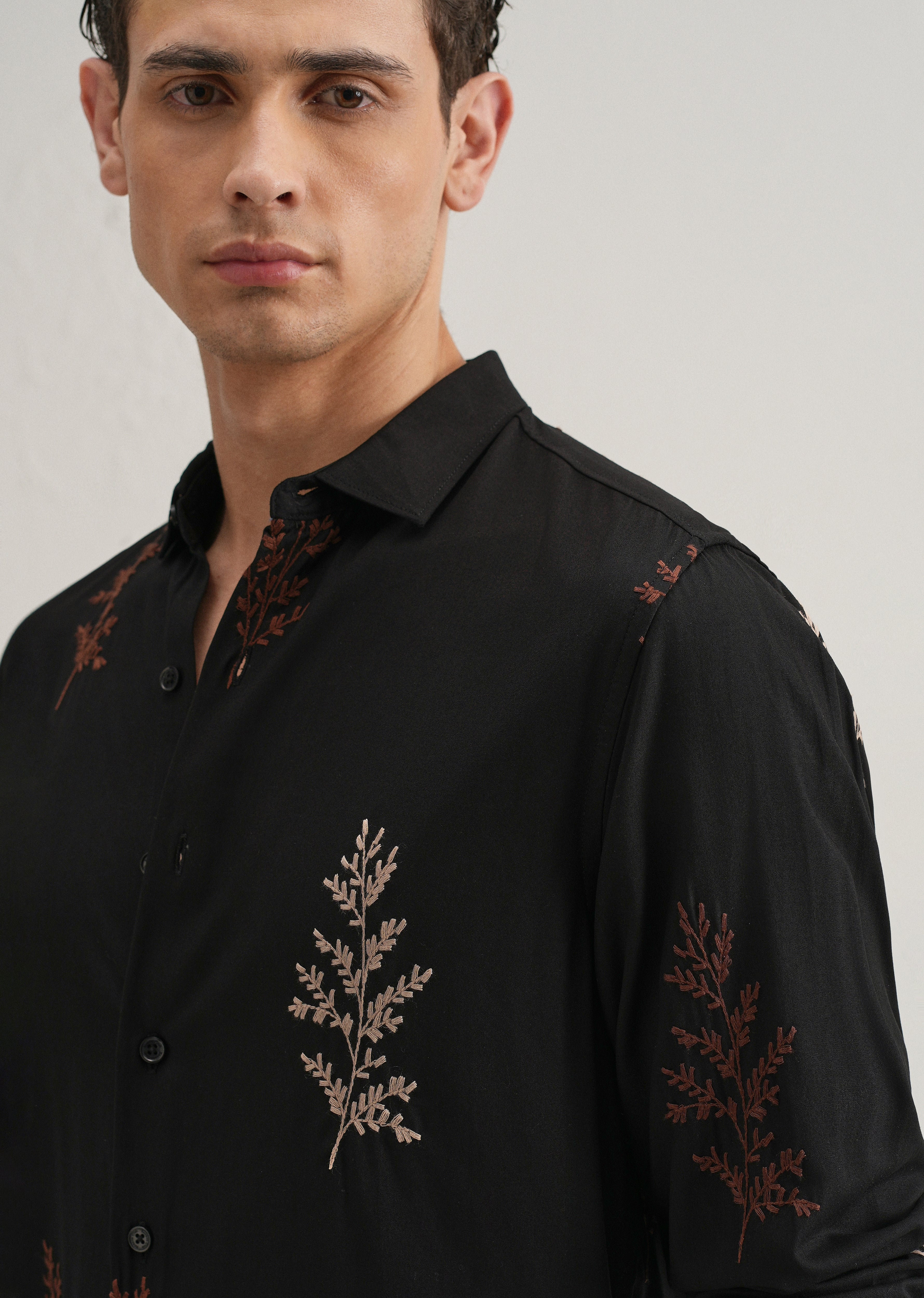 Black Botanical Embroidery Shirt